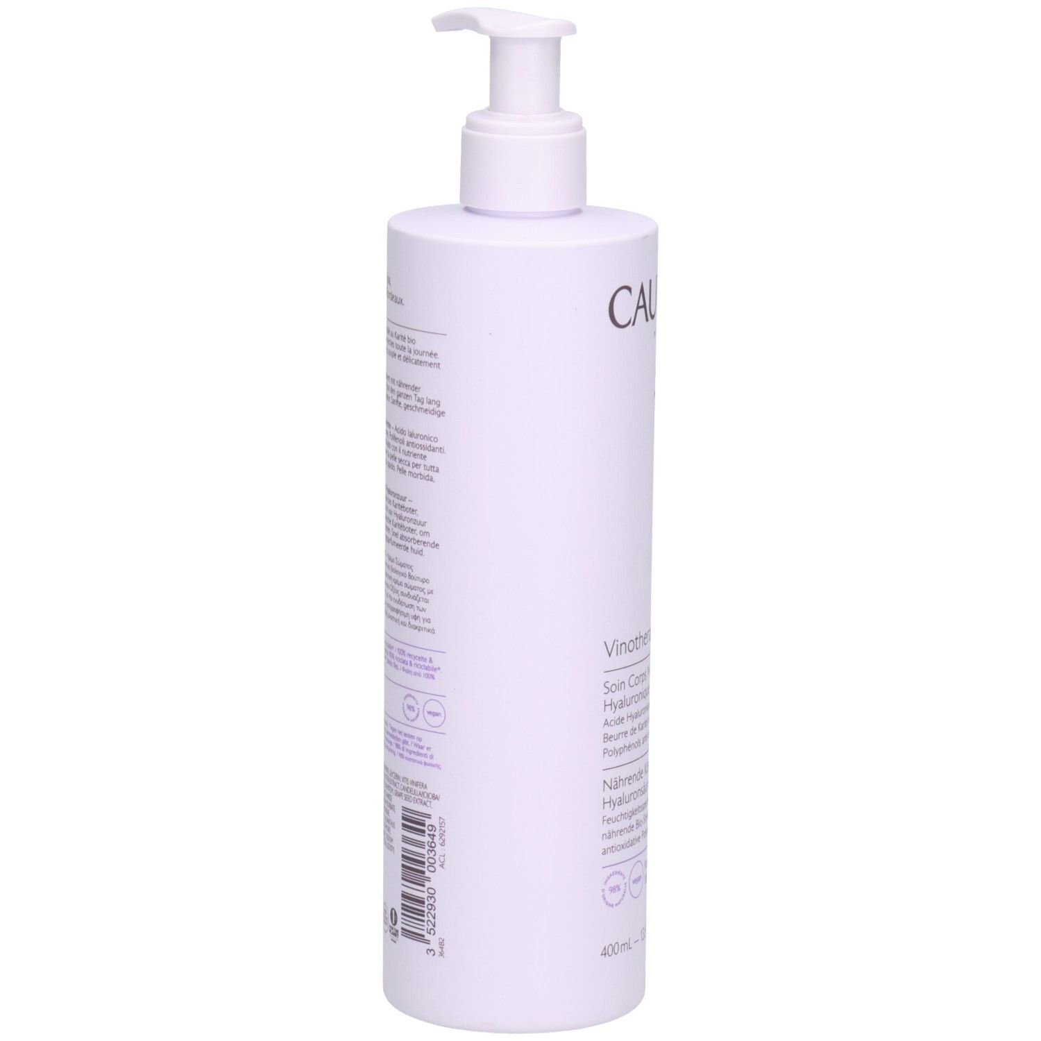 Flasche mit Pumpe. Caudalie Vinotherapist™. Rückseite mit Text und Barcode. Flasche aus 100% recyceltem Kunststoff.