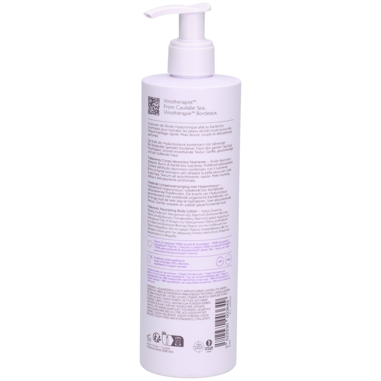 Flasche mit Pumpe. Caudalie Vinotherapist™. Rückseite mit Text und Barcode. Flasche aus 100% recyceltem Kunststoff.