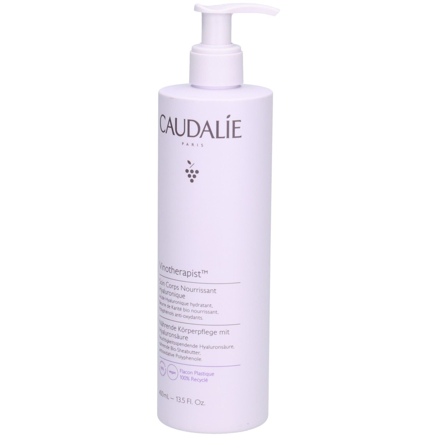 Flasche mit Pumpe. Caudalie Vinotherapist™. Aufschrift: Soin Corps Nourrissant, Hyaluronsäure. Flasche aus 100% recyceltem Kunststoff.