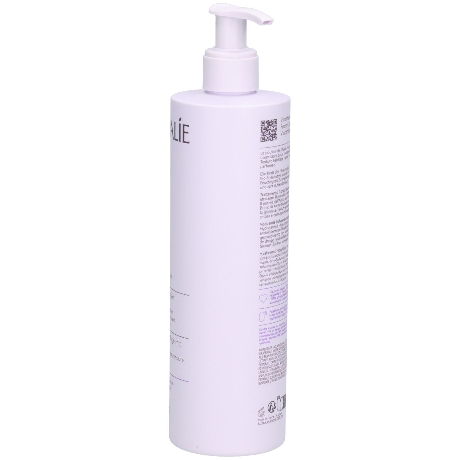 Flasche mit Pumpe. Caudalie Vinotherapist™. Rückseite mit Text und Barcode. Flasche aus 100% recyceltem Kunststoff.