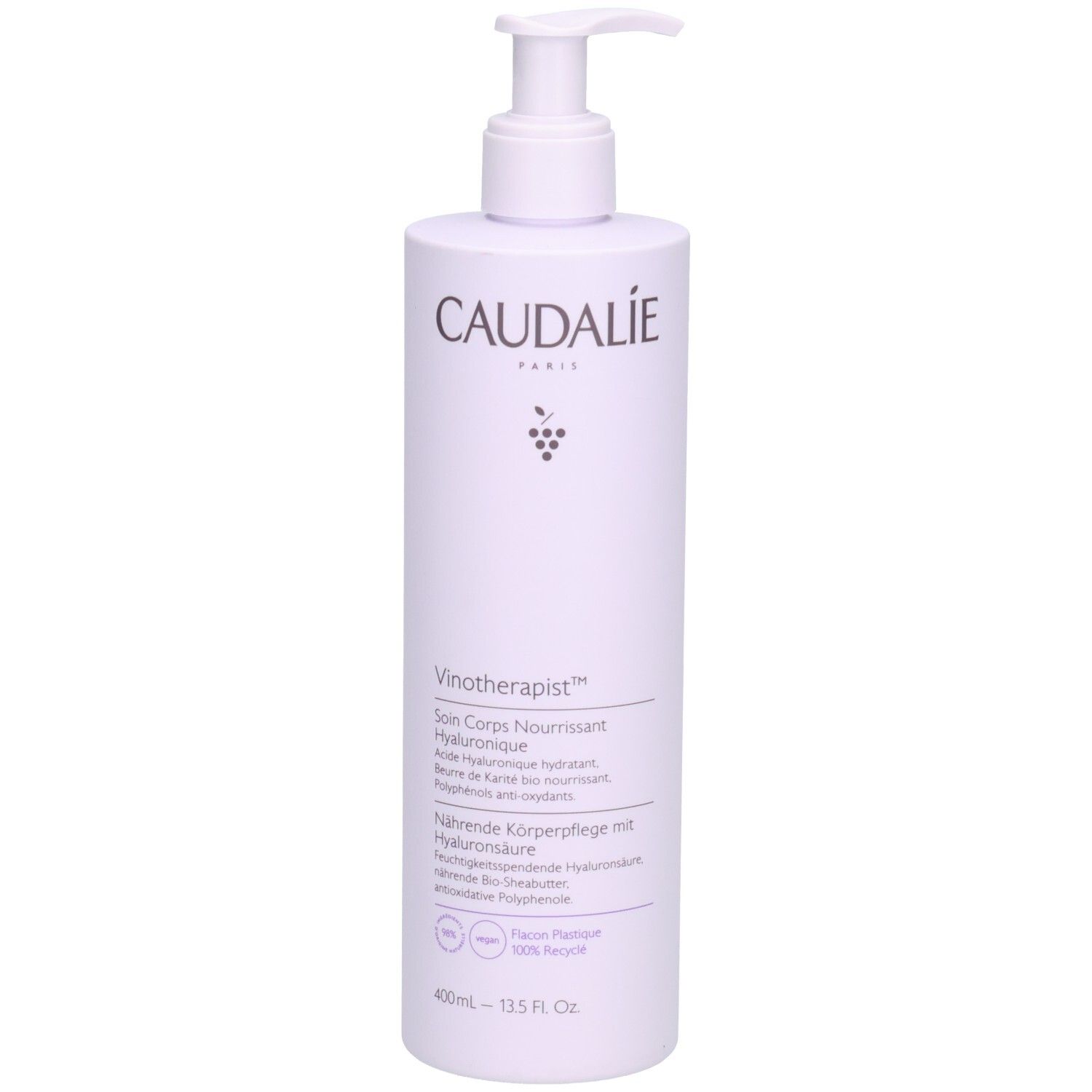 Flasche mit Pumpe. Caudalie Vinotherapist™. Aufschrift: Soin Corps Nourrissant, Hyaluronsäure. Flasche aus 100% recyceltem Kunststoff.