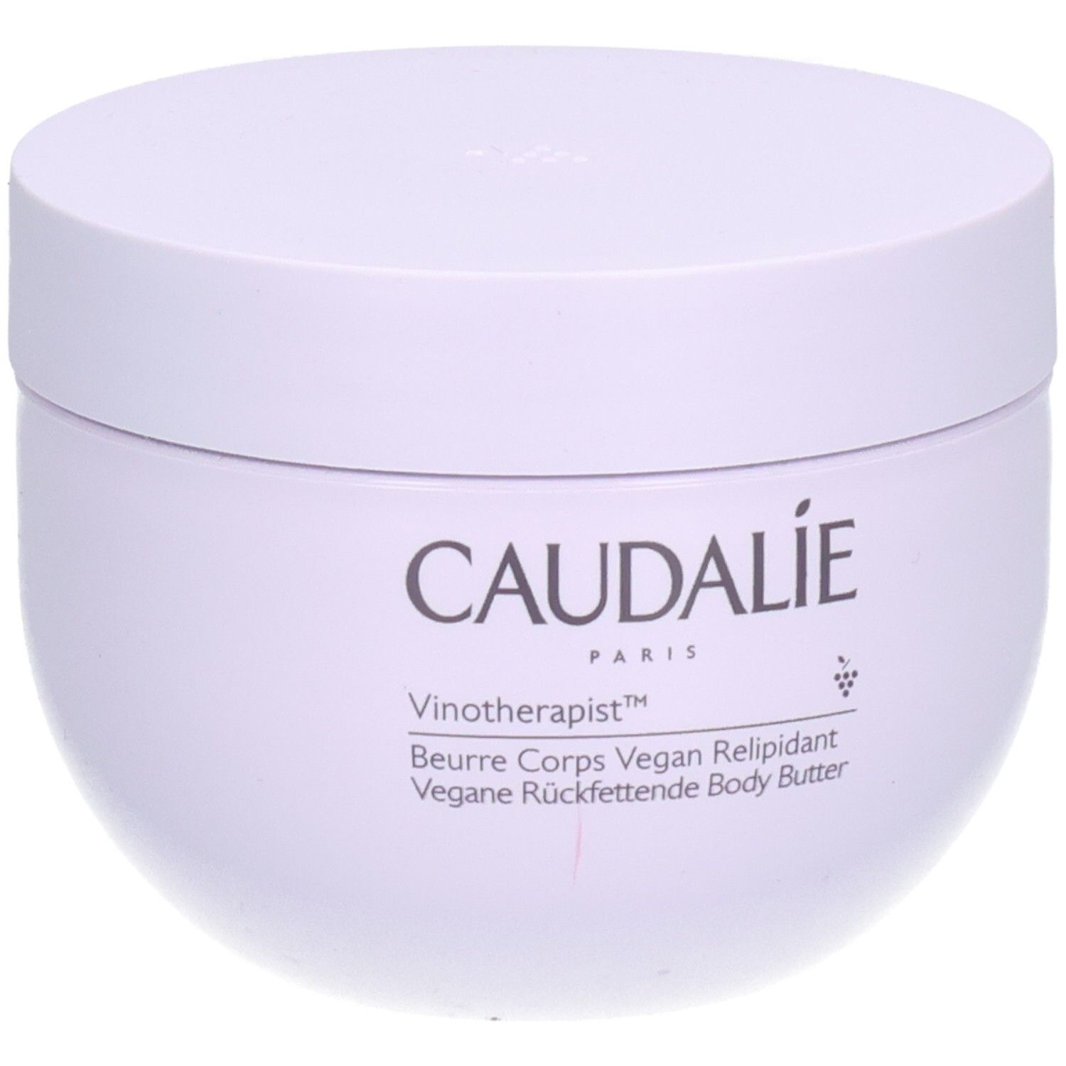 Caudalie Vinotherapist Body Butter, weißer Tiegel mit Deckel. Schriftzug Caudalie, Vinotherapist, Beurre Corps Vegan Relipidant.