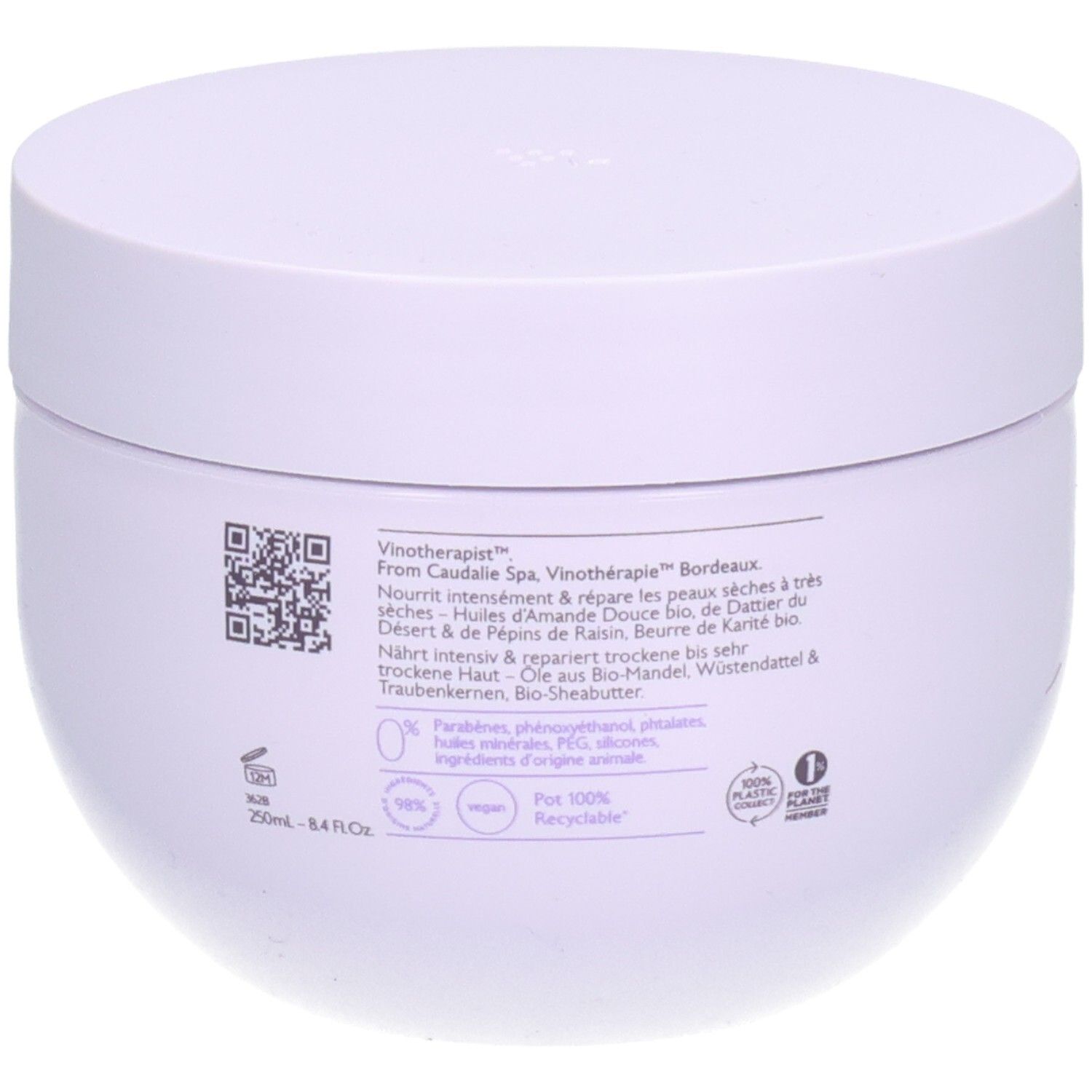 Caudalie Vinotherapist Body Butter, Rückseite des weißen Tiegels. Text, QR-Code, Logos, Inhaltsangaben.