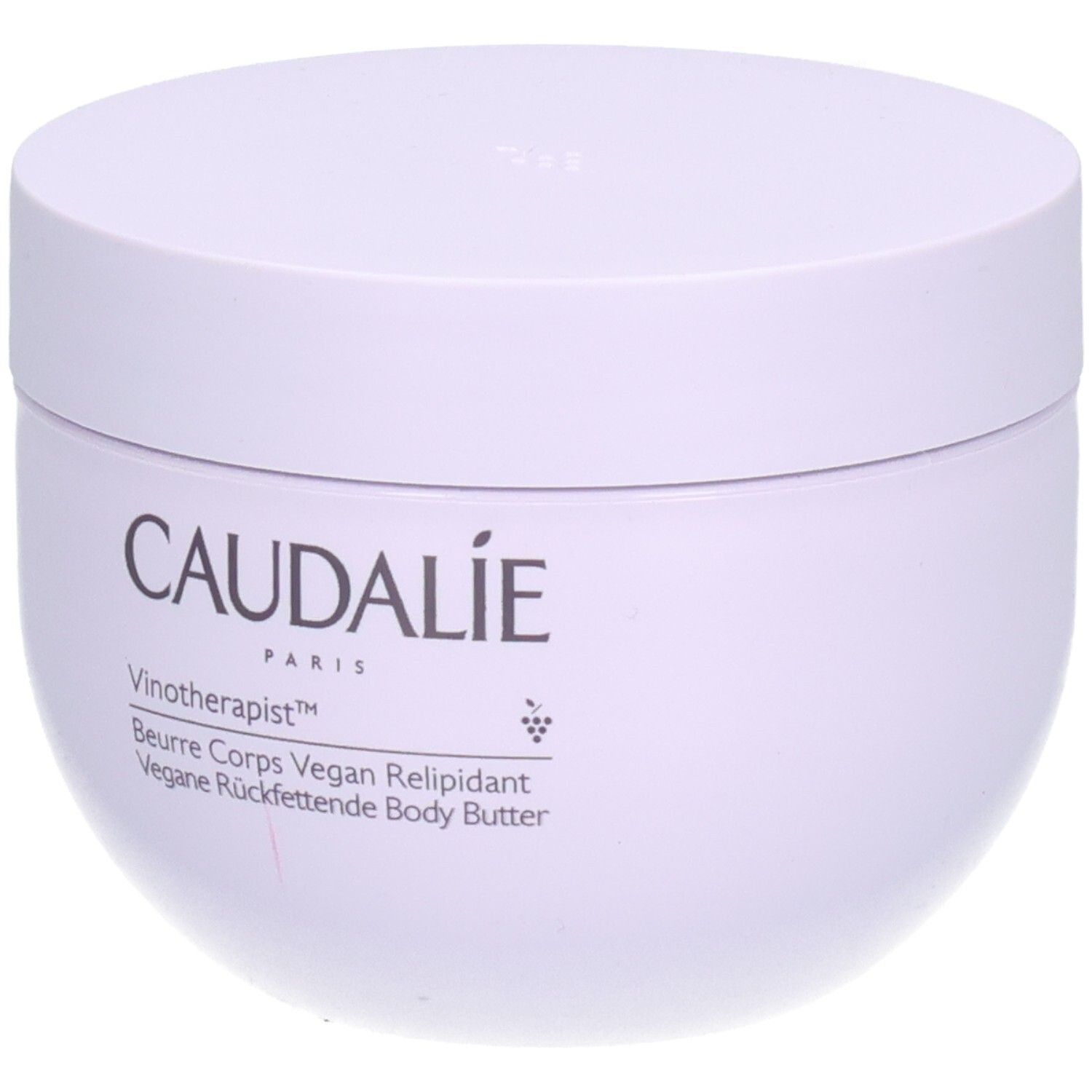 Caudalie Vinotherapist Body Butter, weißer Tiegel mit Deckel. Schriftzug Caudalie, Vinotherapist, Beurre Corps Vegan Relipidant.