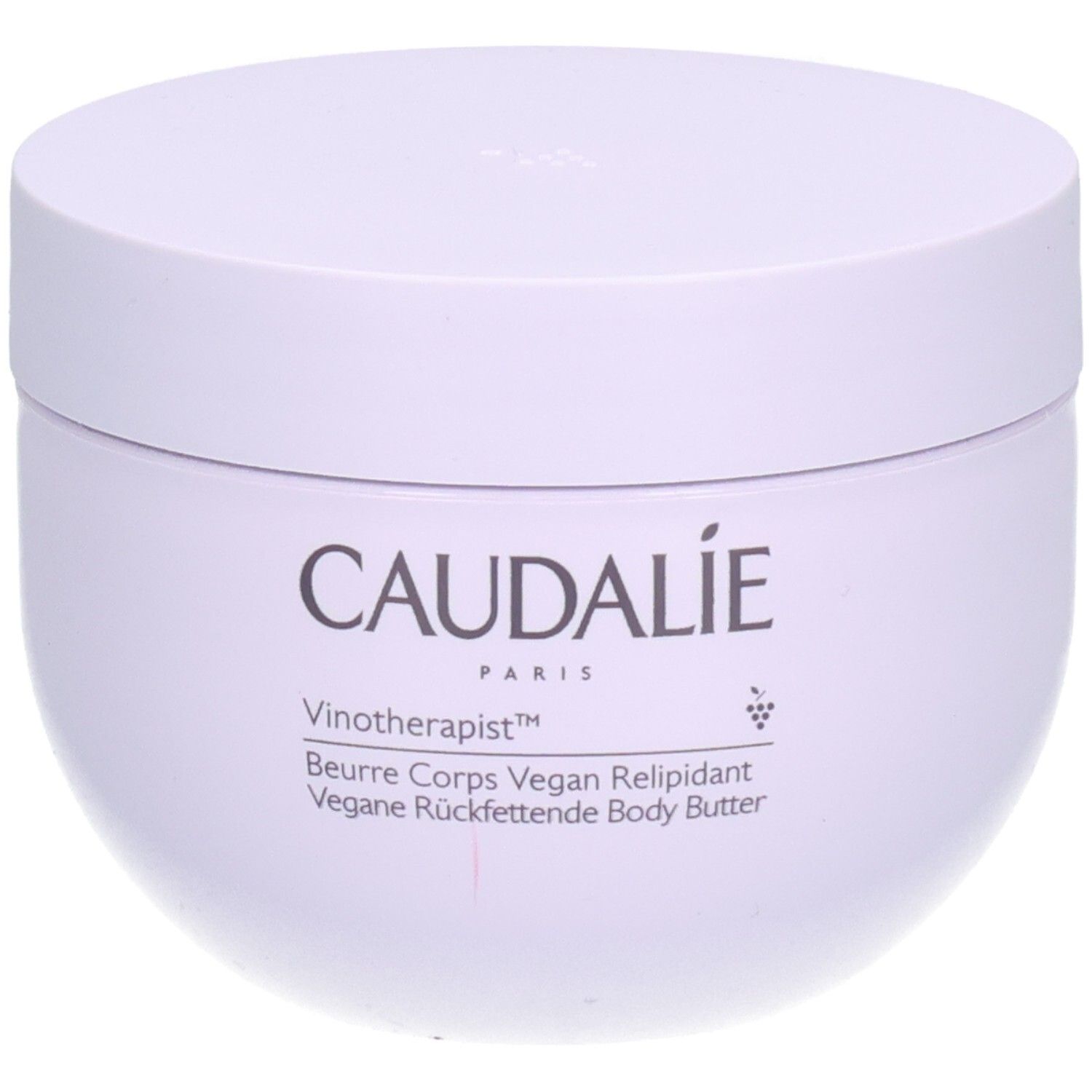 Caudalie Vinotherapist Body Butter, weißer Tiegel mit Deckel. Schriftzug Caudalie, Vinotherapist, Beurre Corps Vegan Relipidant.