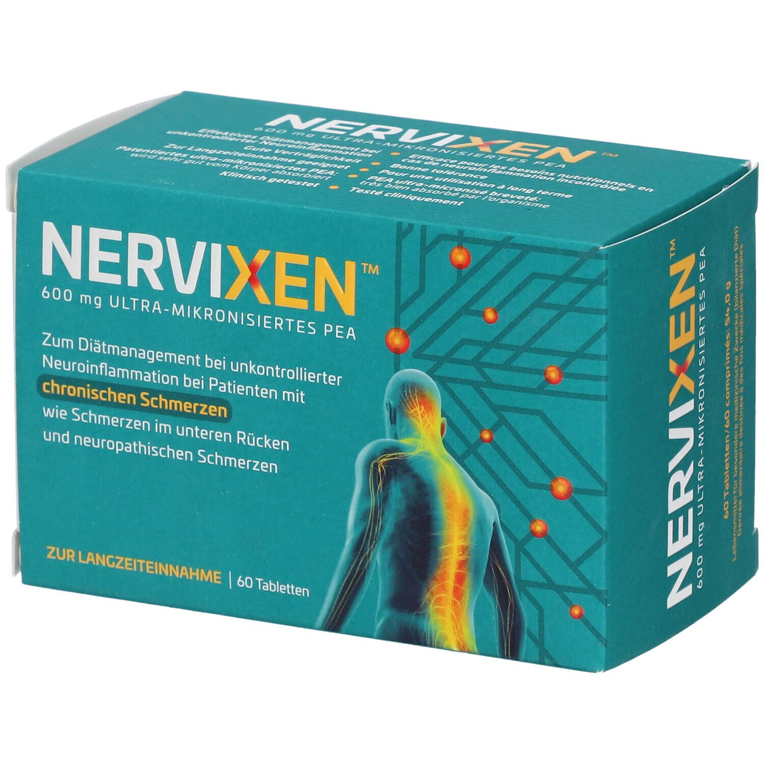 Schachtel mit NERVIXEN 600 mg Ultra-mikronisiertes PEA. Aufdruck mit Produktinformationen und Abbildung eines Rückens.