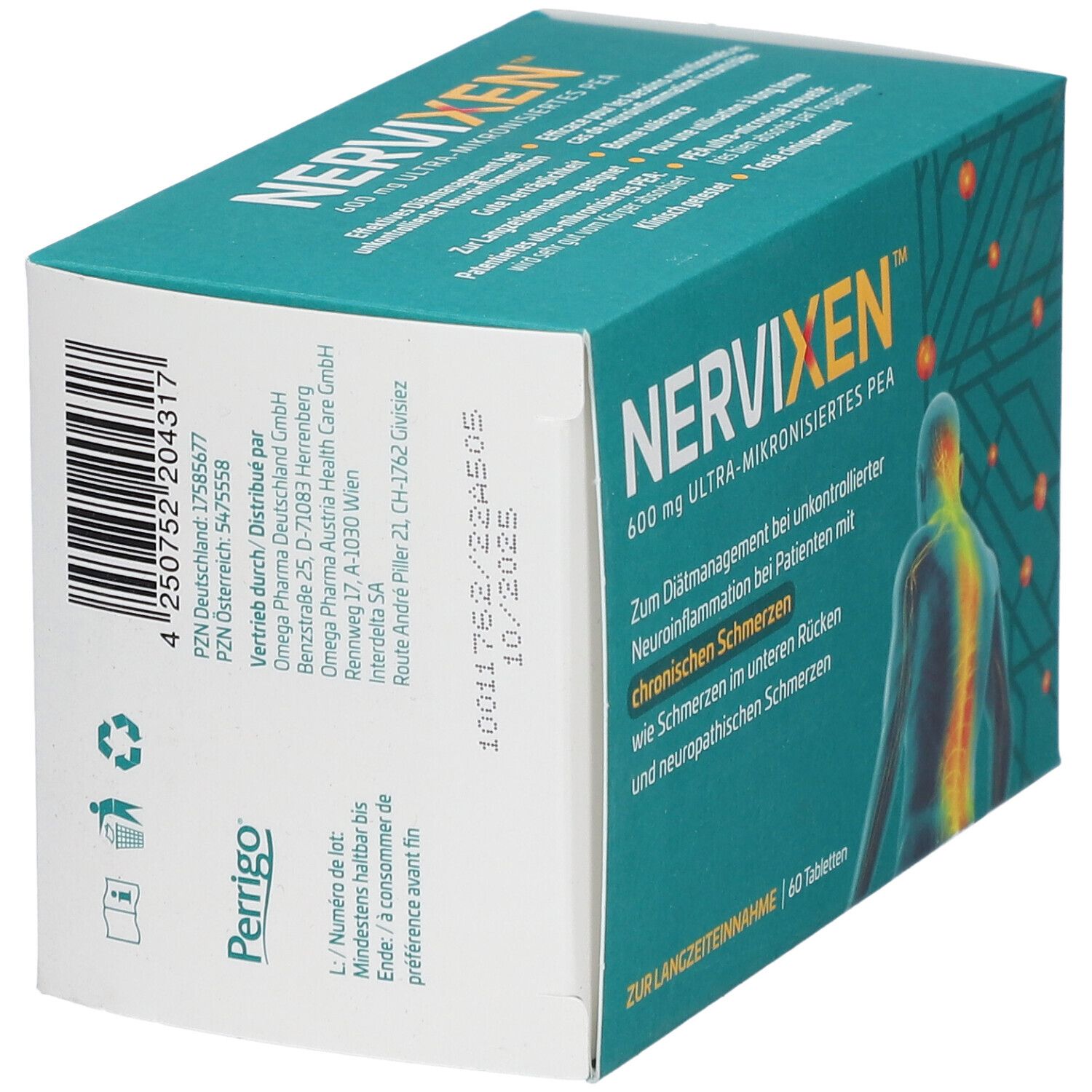 Rückseite der NERVIXEN-Schachtel. Enthält Informationen, Barcode und Mindesthaltbarkeitsdatum.