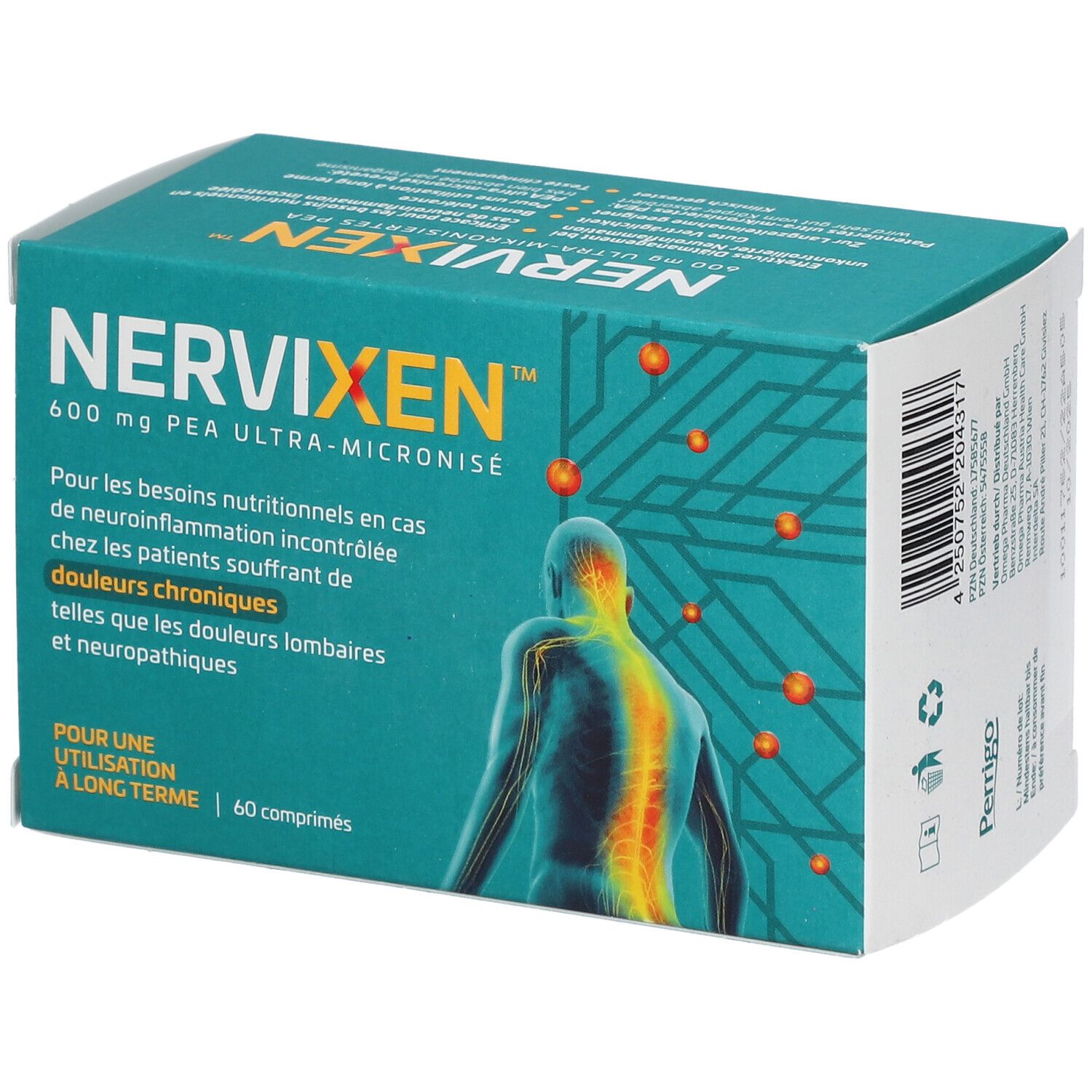 Schachtel NERVIXEN 600 mg PEA ultra-mikronisiert. Text in Französisch, Abbildung eines Rückens.