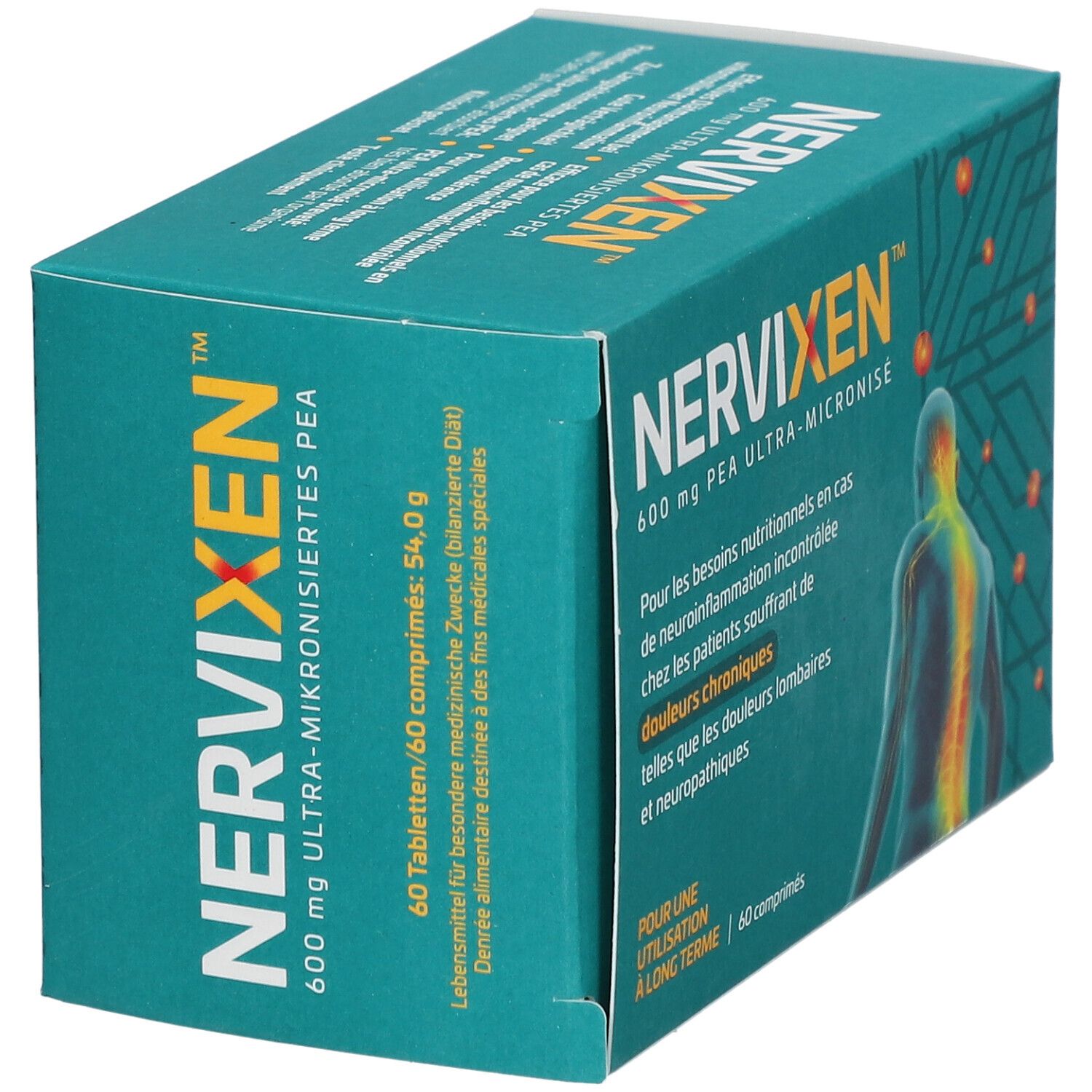 Schachtel NERVIXEN 600 mg Ultra-mikronisiertes PEA. Text in Deutsch und Französisch, Abbildung eines Rückens.