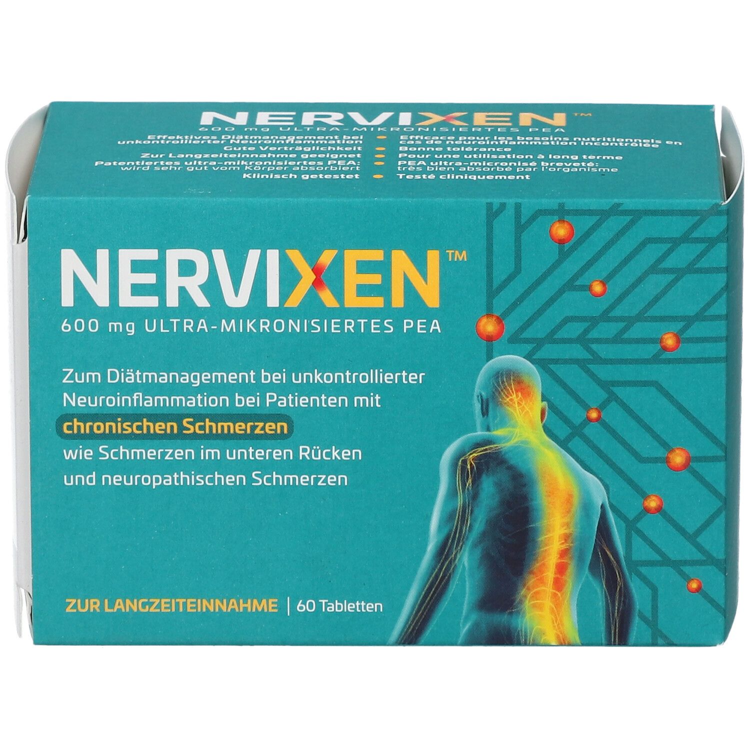 Schachtel NERVIXEN 600 mg Ultra-mikronisiertes PEA. Produktinformationen und Abbildung eines Rückens.