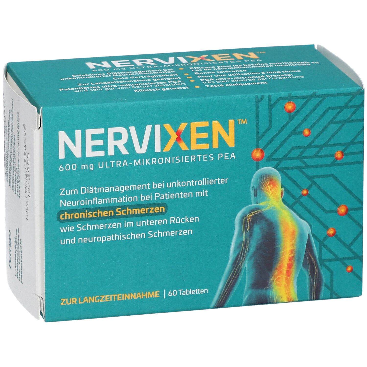 Schachtel NERVIXEN 600 mg Ultra-mikronisiertes PEA. Produktinformationen und Abbildung eines Rückens.