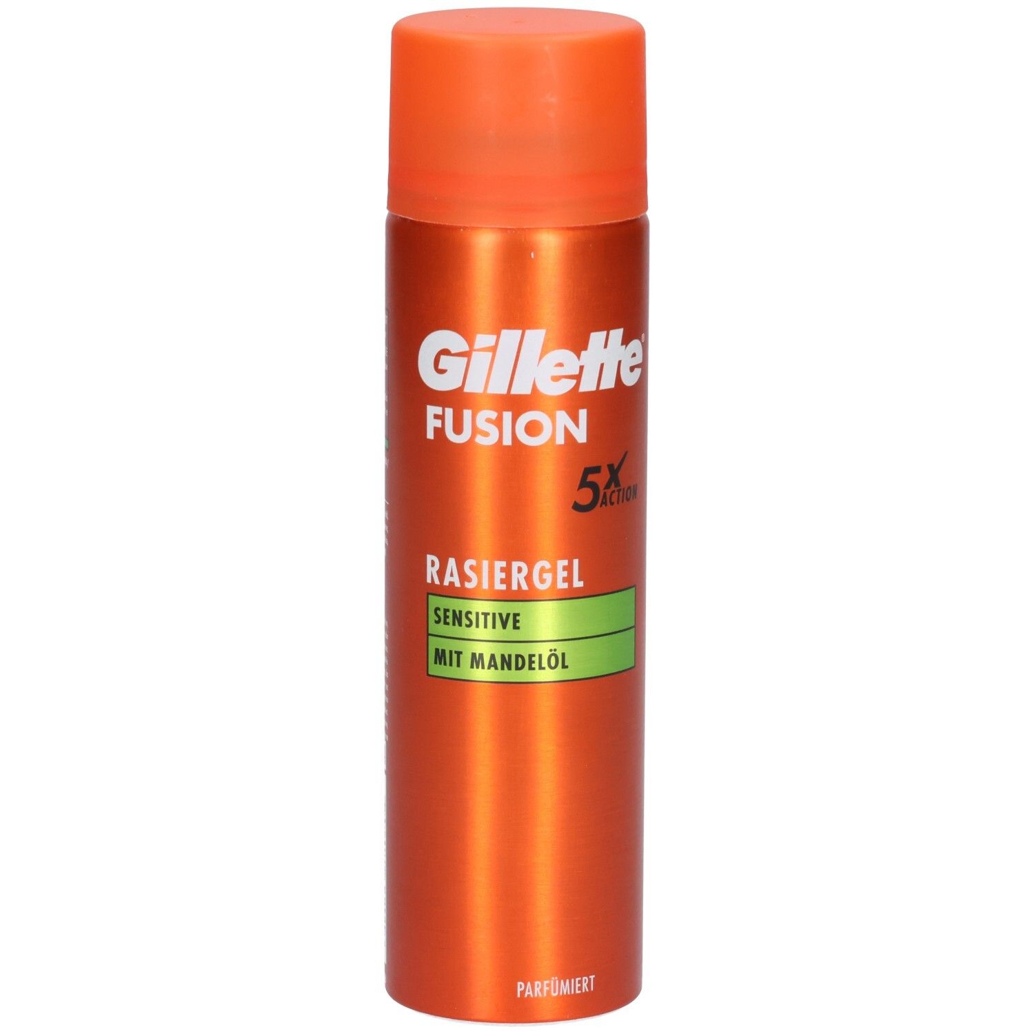 Bombe orange avec bouchon orange. Inscription: Gillette Fusion5 Rasiergel Sensitive mit Mandelöl.