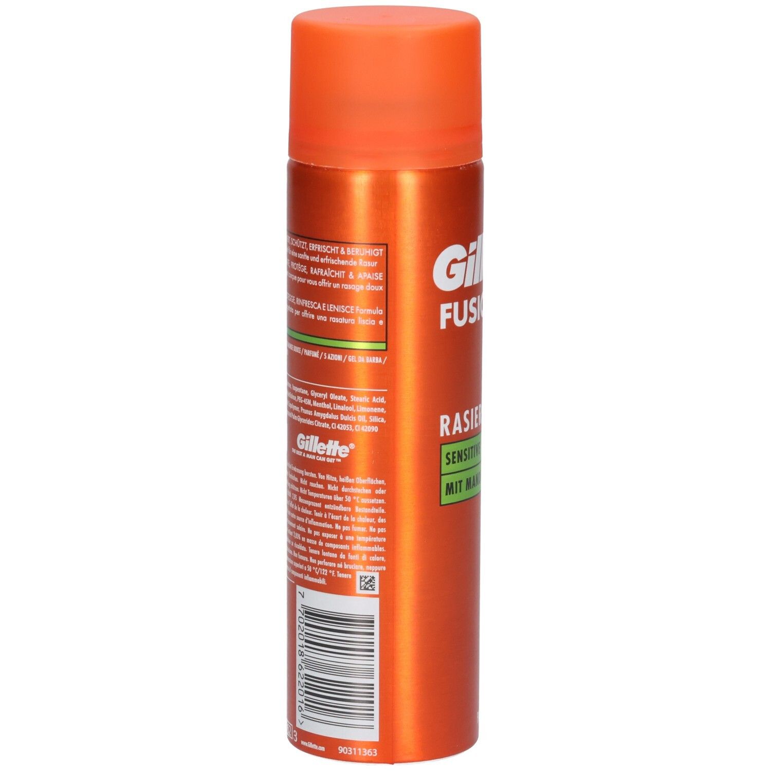 Bombe orange avec bouchon orange. Dos avec texte et code-barres. Marque: Gillette.