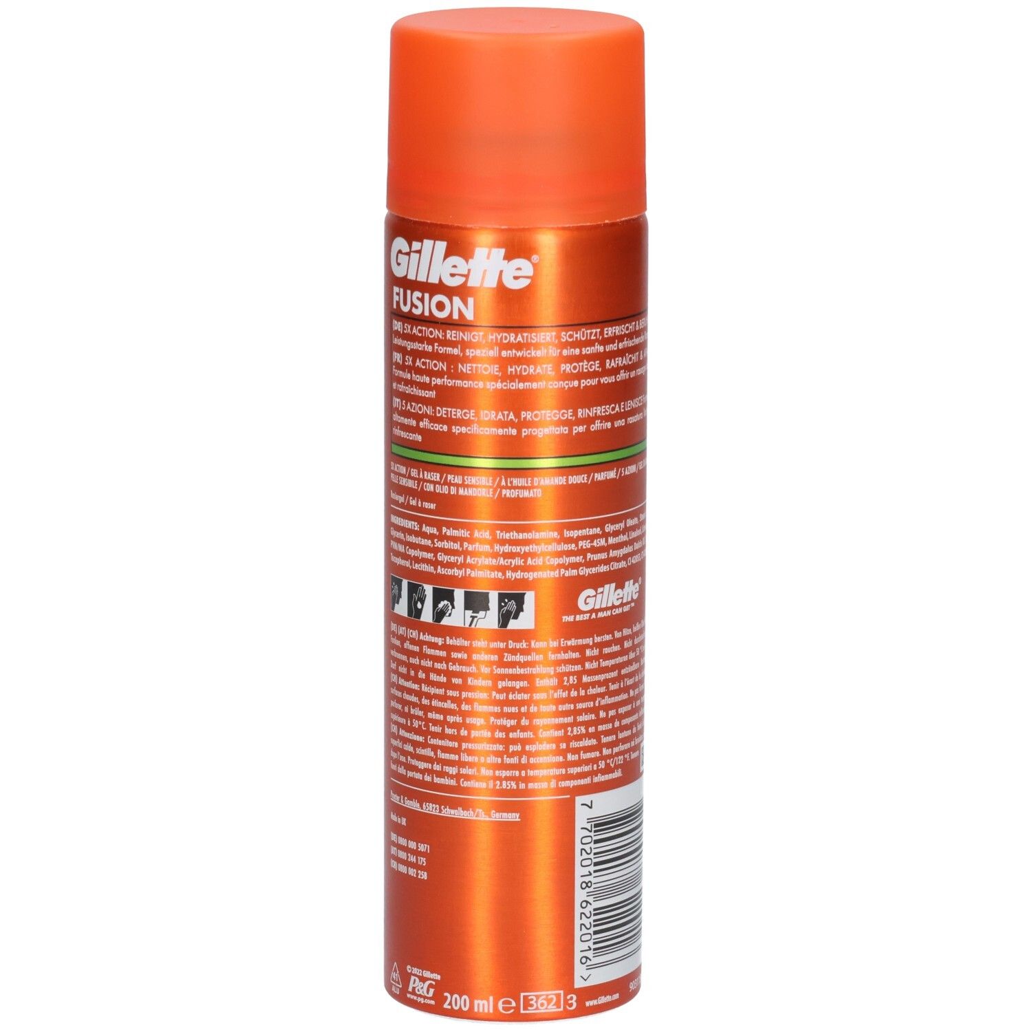 Bombe orange avec bouchon orange. Dos avec texte. Marque: Gillette. Volume: 200 ml.