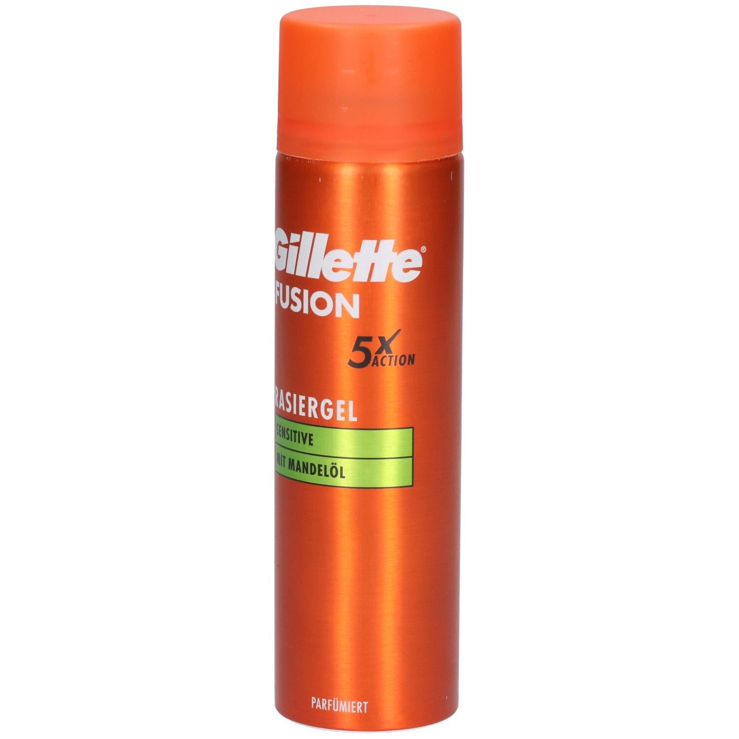 Bombe orange avec bouchon orange. Inscription: Gillette Fusion5 Rasiergel Sensitive mit Mandelöl.