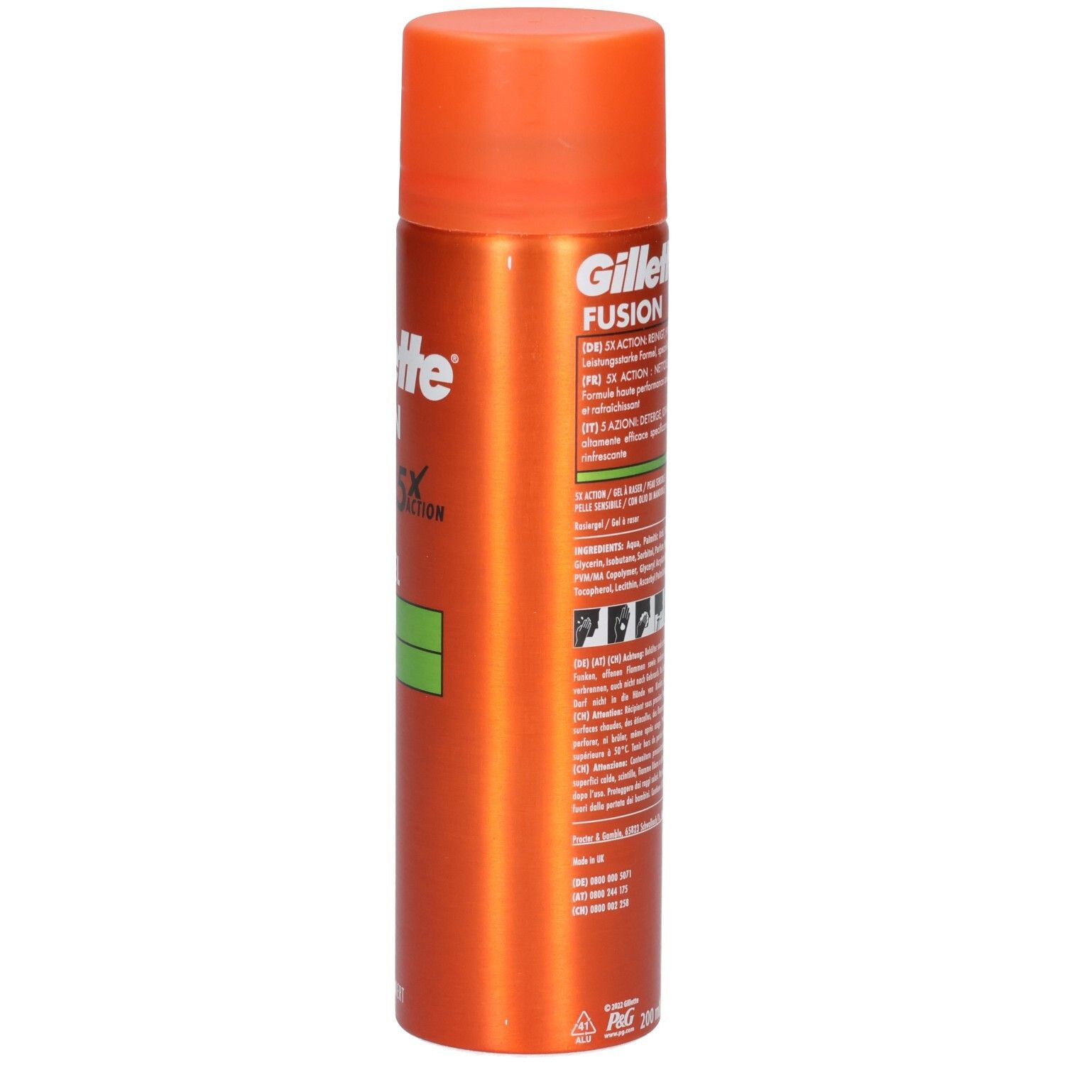 Bombe orange avec bouchon orange. Dos avec texte. Marque: Gillette.