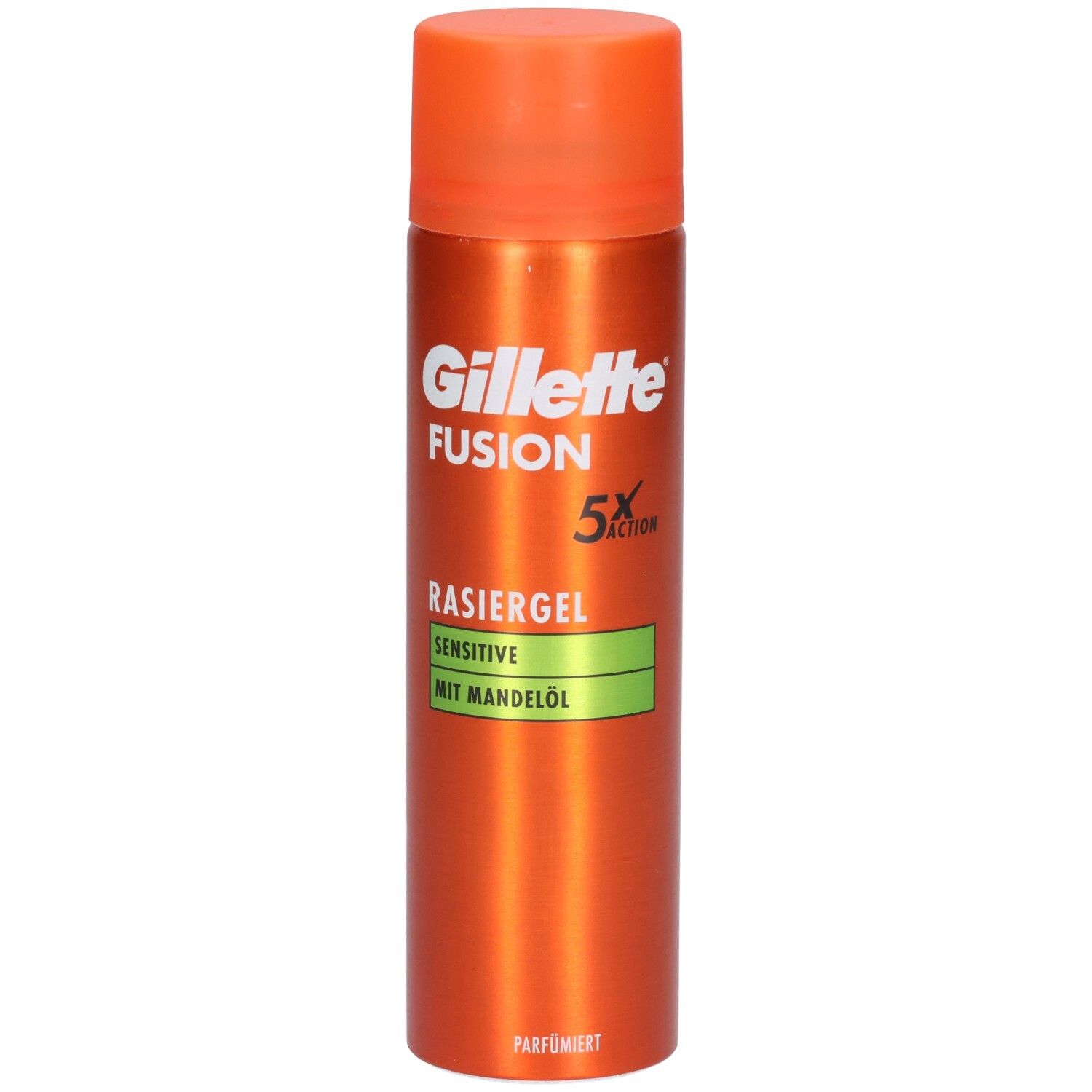 Bombe orange avec bouchon orange. Inscription: Gillette Fusion5 Rasiergel Sensitive mit Mandelöl.