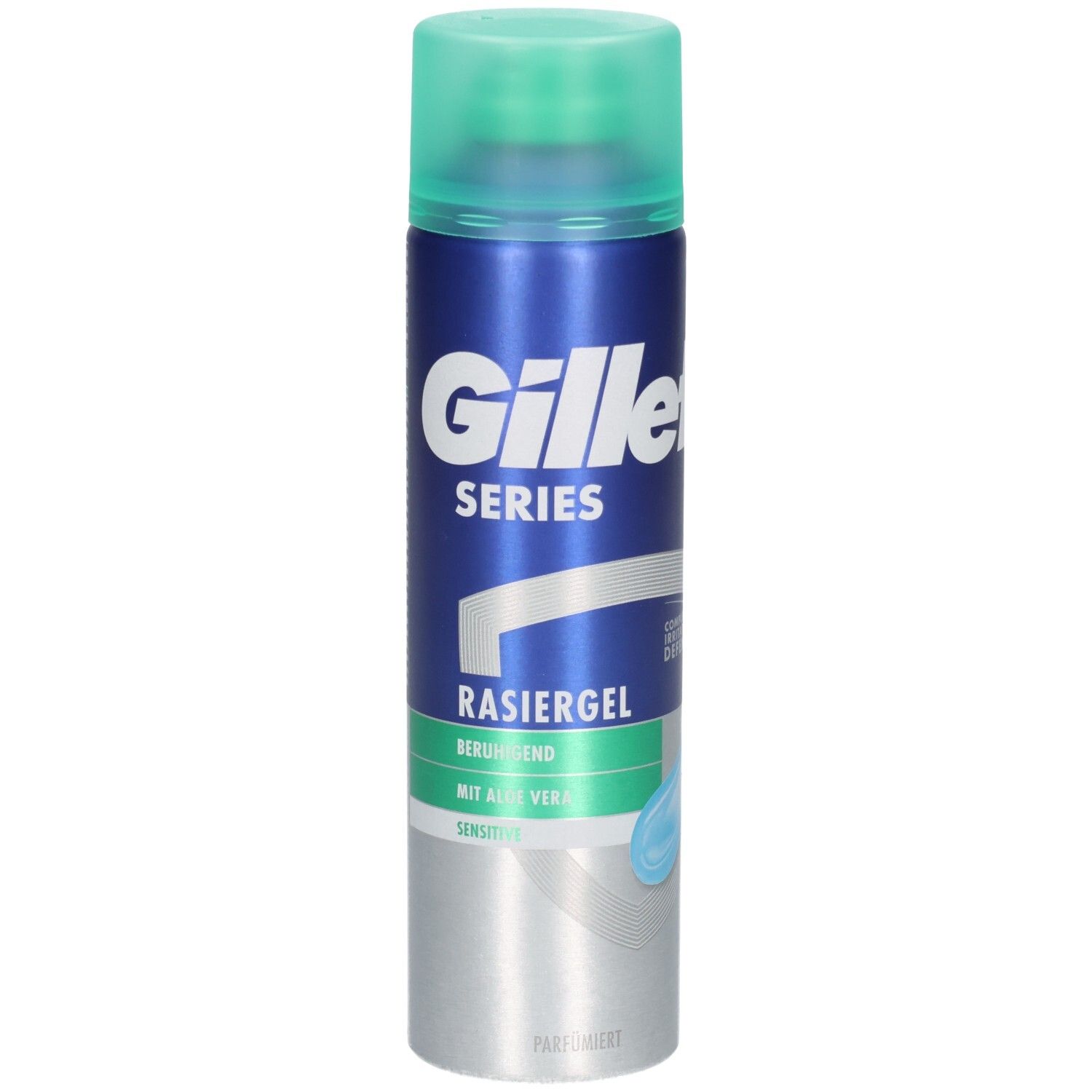Gel à raser Gillette Series, flacon bleu avec bouchon vert. Inscriptions: Gillette Series, Rasiergel, apaisant, avec Aloe Vera, Sensitive.