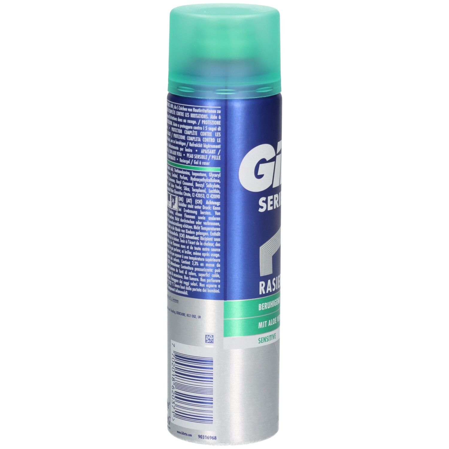 Gel à raser Gillette Series, dos. Texte en plusieurs langues. Code-barres et informations du fabricant.
