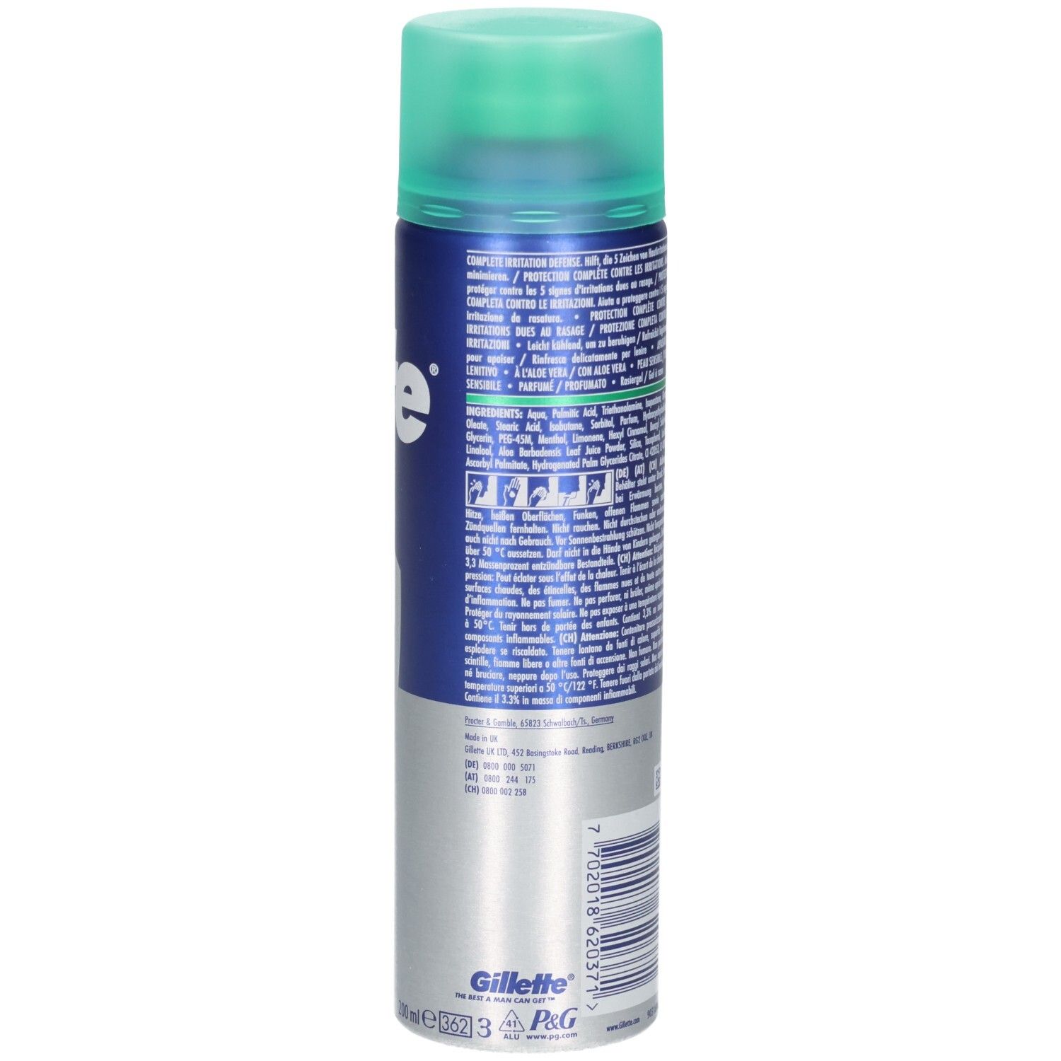 Gel à raser Gillette Series, dos. Texte en plusieurs langues. Code-barres et informations du fabricant.