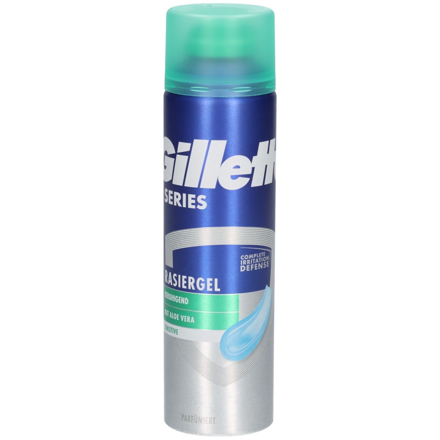 Gel à raser Gillette Series, flacon bleu avec bouchon vert. Inscriptions: Gillette Series, Rasiergel, apaisant, avec Aloe Vera, Sensitive.