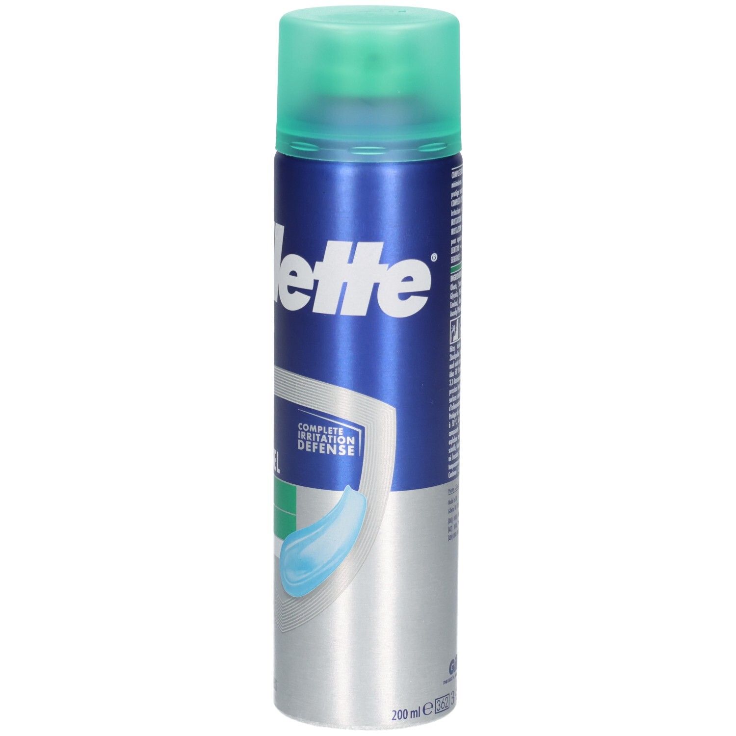 Gel à raser Gillette Series, flacon bleu avec bouchon vert. Inscriptions: Gillette Series, Rasiergel, apaisant, avec Aloe Vera, Sensitive.