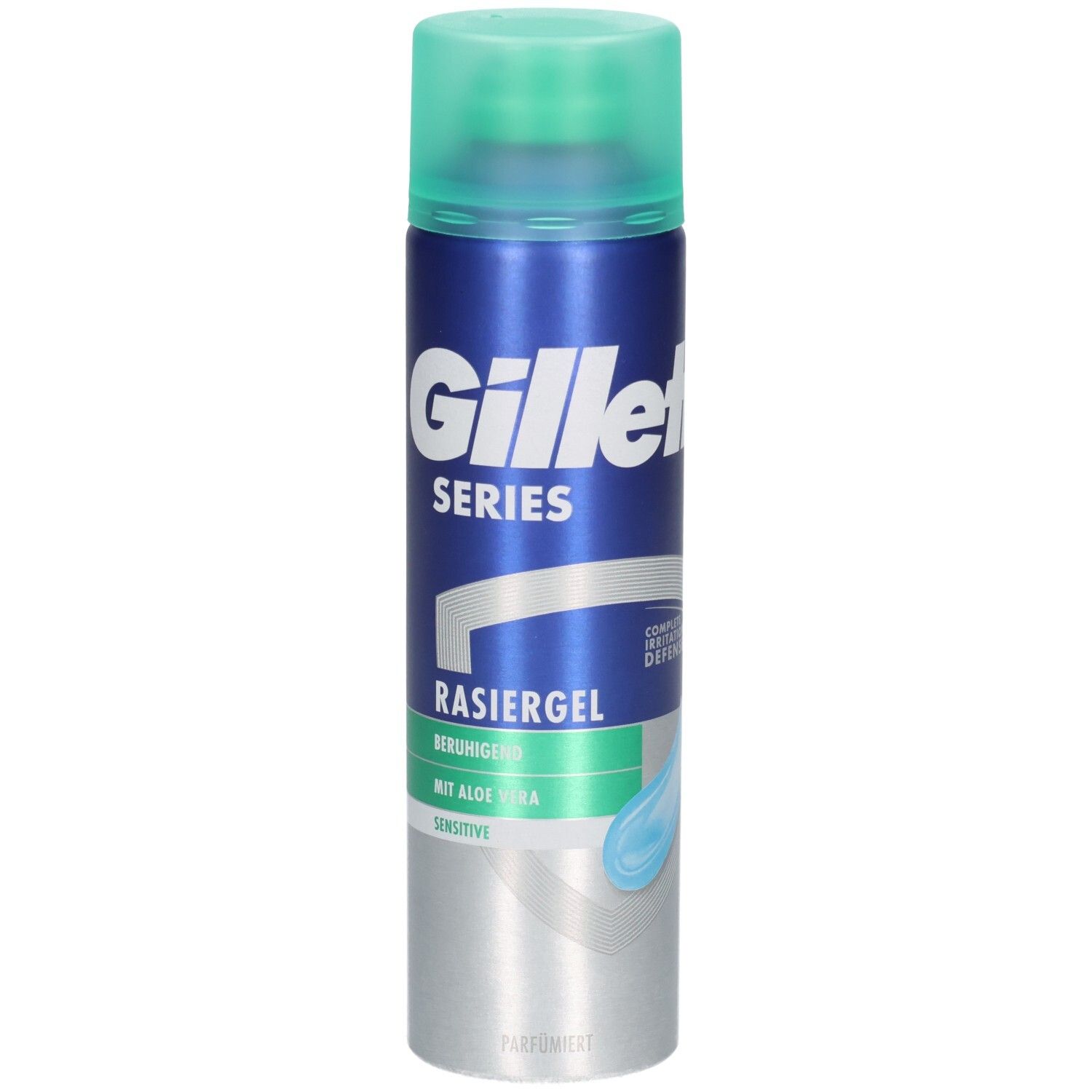 Gel à raser Gillette Series, flacon bleu avec bouchon vert. Inscriptions: Gillette Series, Rasiergel, apaisant, avec Aloe Vera, Sensitive.