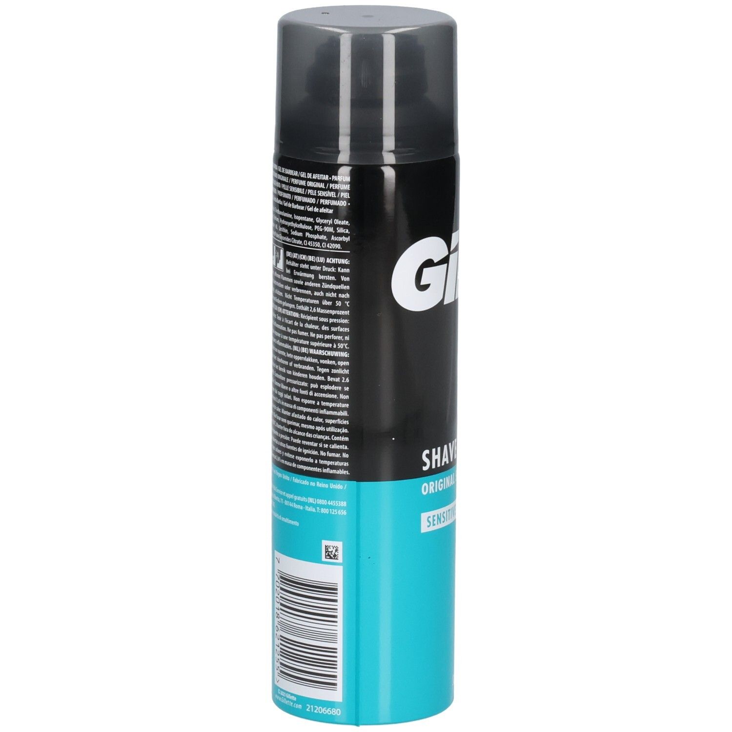 Gillette Rasier Schaum Dose, schwarz und blau, mit Aufdruck.