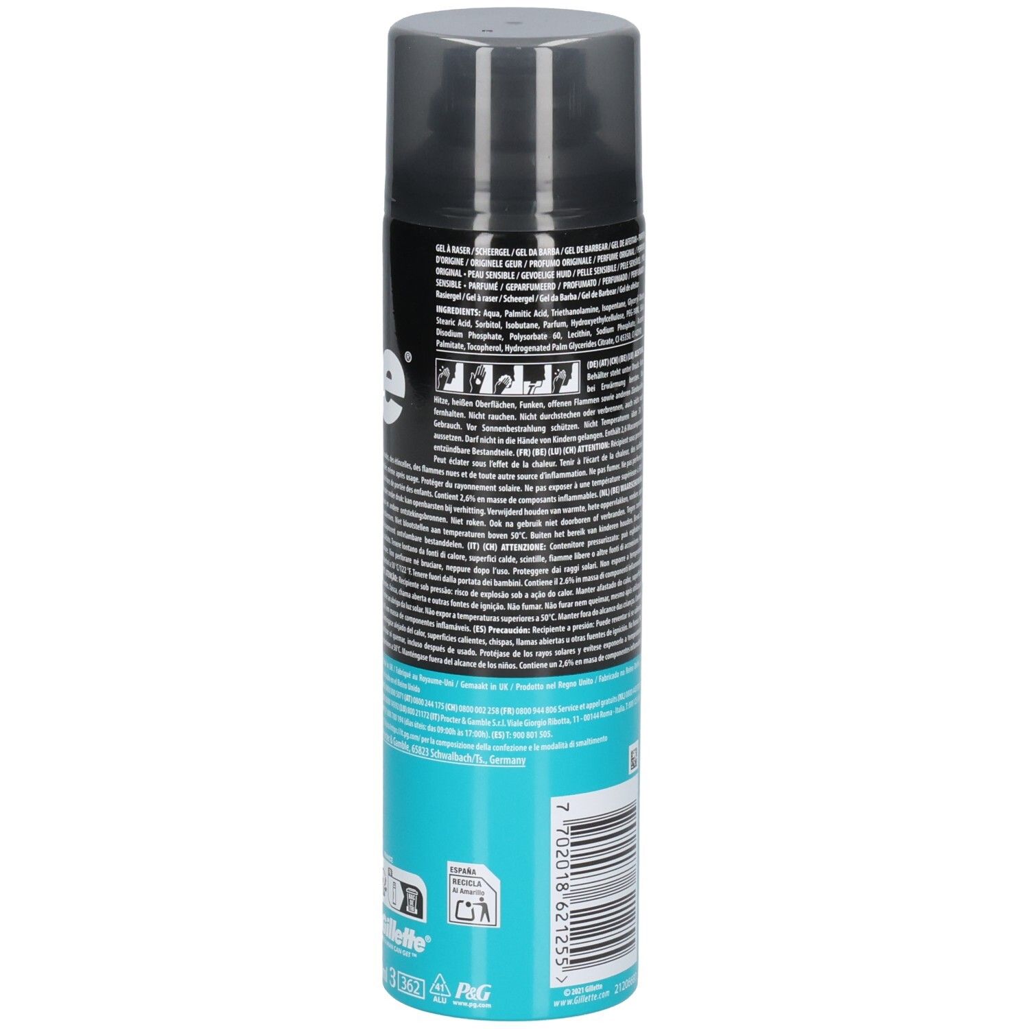 Aerosoldose mit Rasierschaum, schwarzer Aufdruck, grauer Deckel.