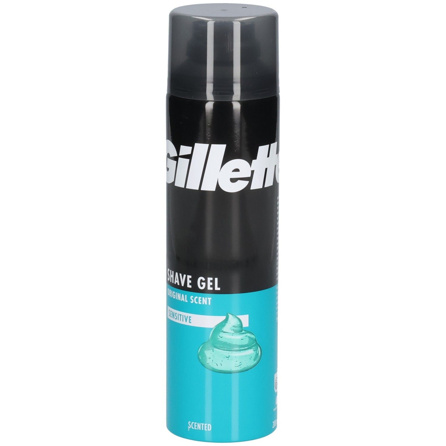 Gillette Rasiergel-Dose, schwarz und blau, mit weißem Logo und Schriftzug.