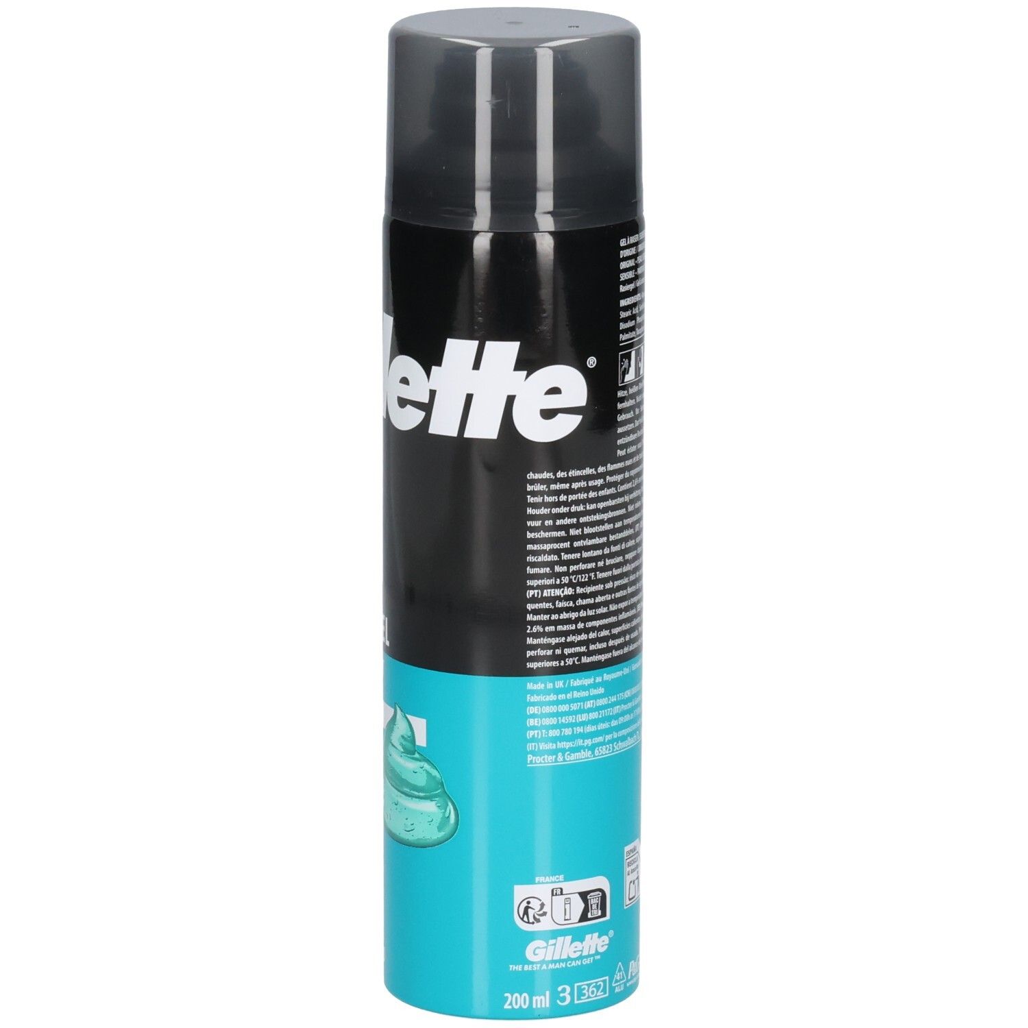 Gillette Rasierschaum-Dose, 200 ml, mit schwarzem und türkisfarbenem Etikett.