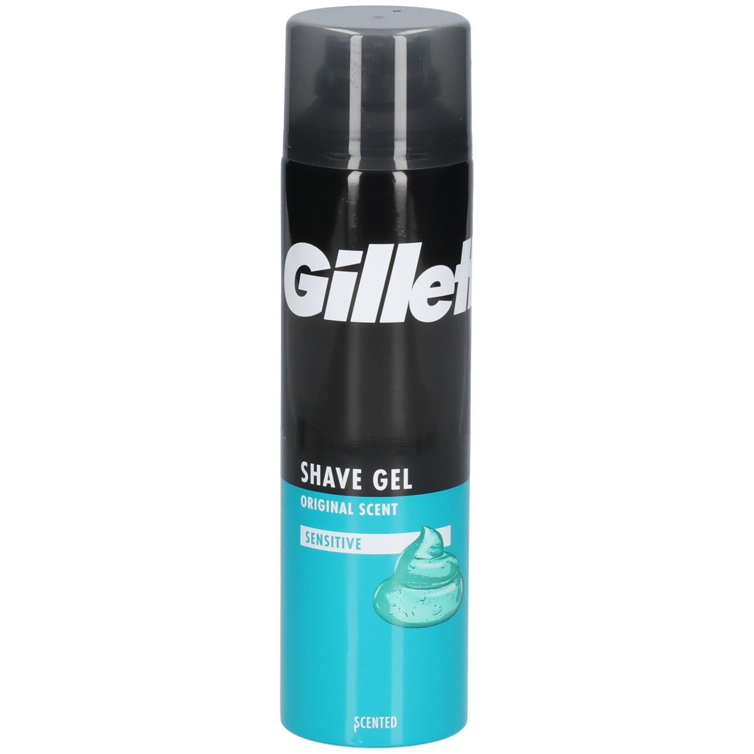 Gillette Rasiergel-Dose, schwarz und türkis, mit weißem Logo und Aufdruck.