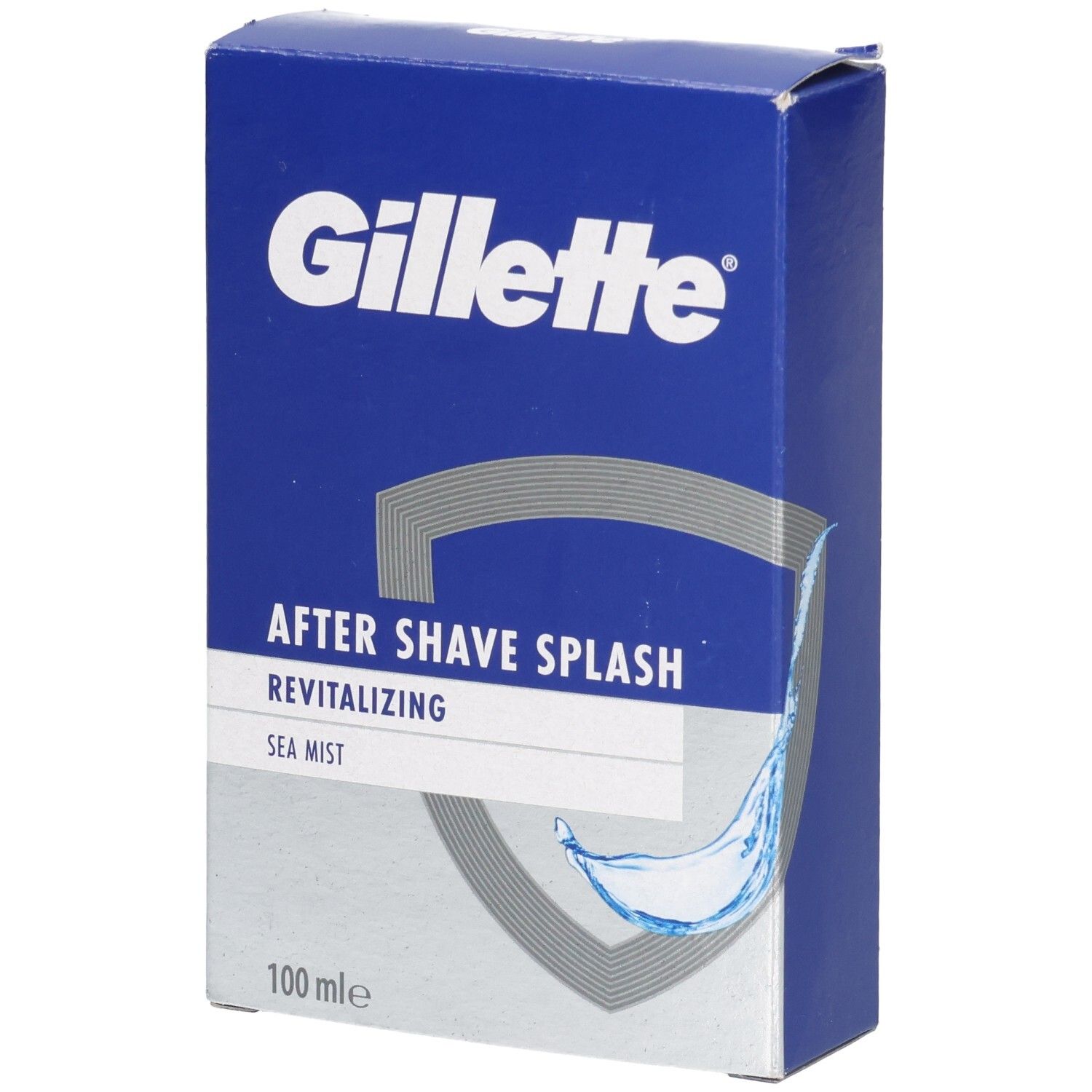 Blauer Karton mit Gillette-Logo und Schriftzug "AFTER SHAVE SPLASH". Graue Wellen-Grafik. "Sea Mist" und "100 mle" sichtbar.