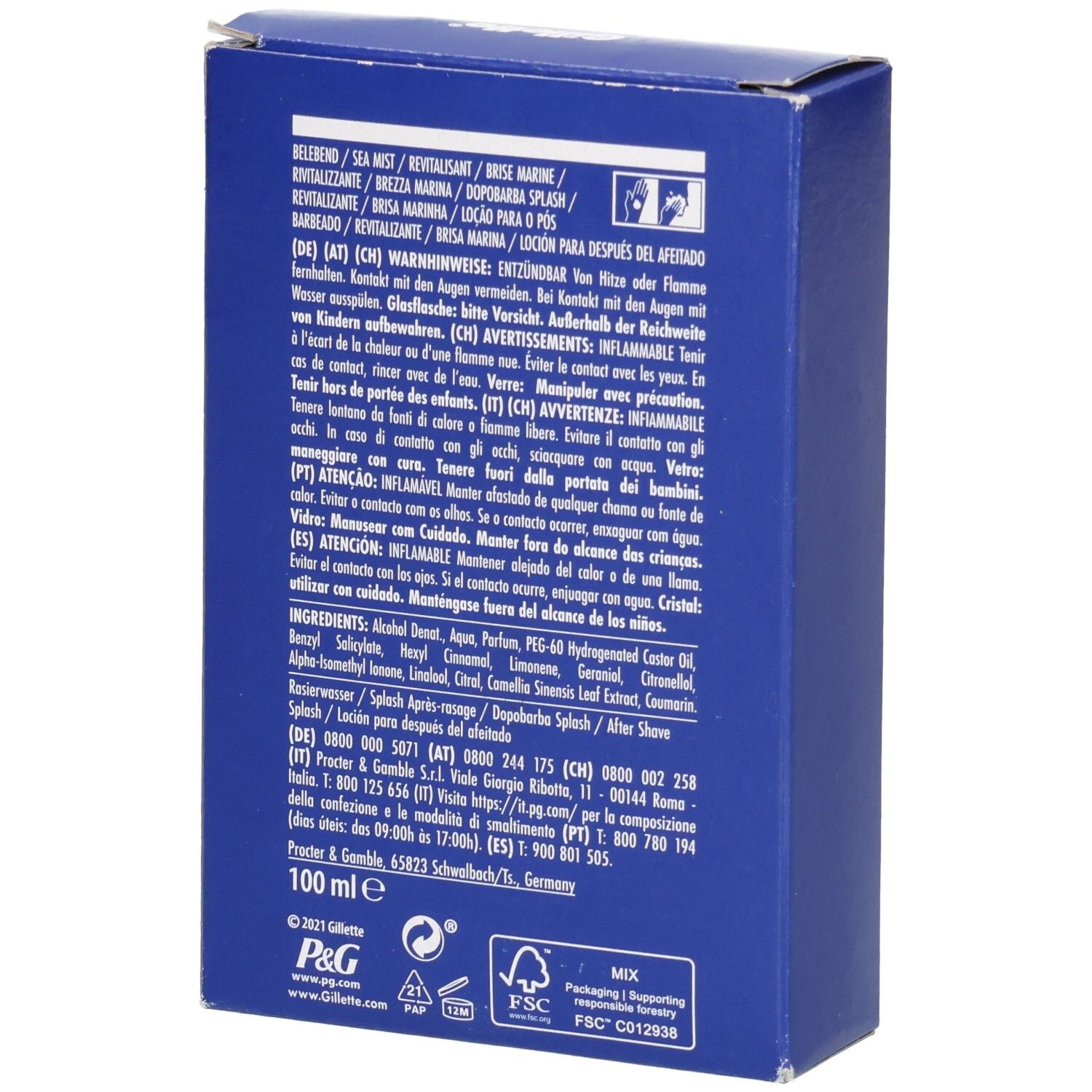 Rückseite der blauen Schachtel. Text in mehreren Sprachen. Inhaltsstoffe und Herstellerinformationen. FSC-Logo und "100 ml e".
