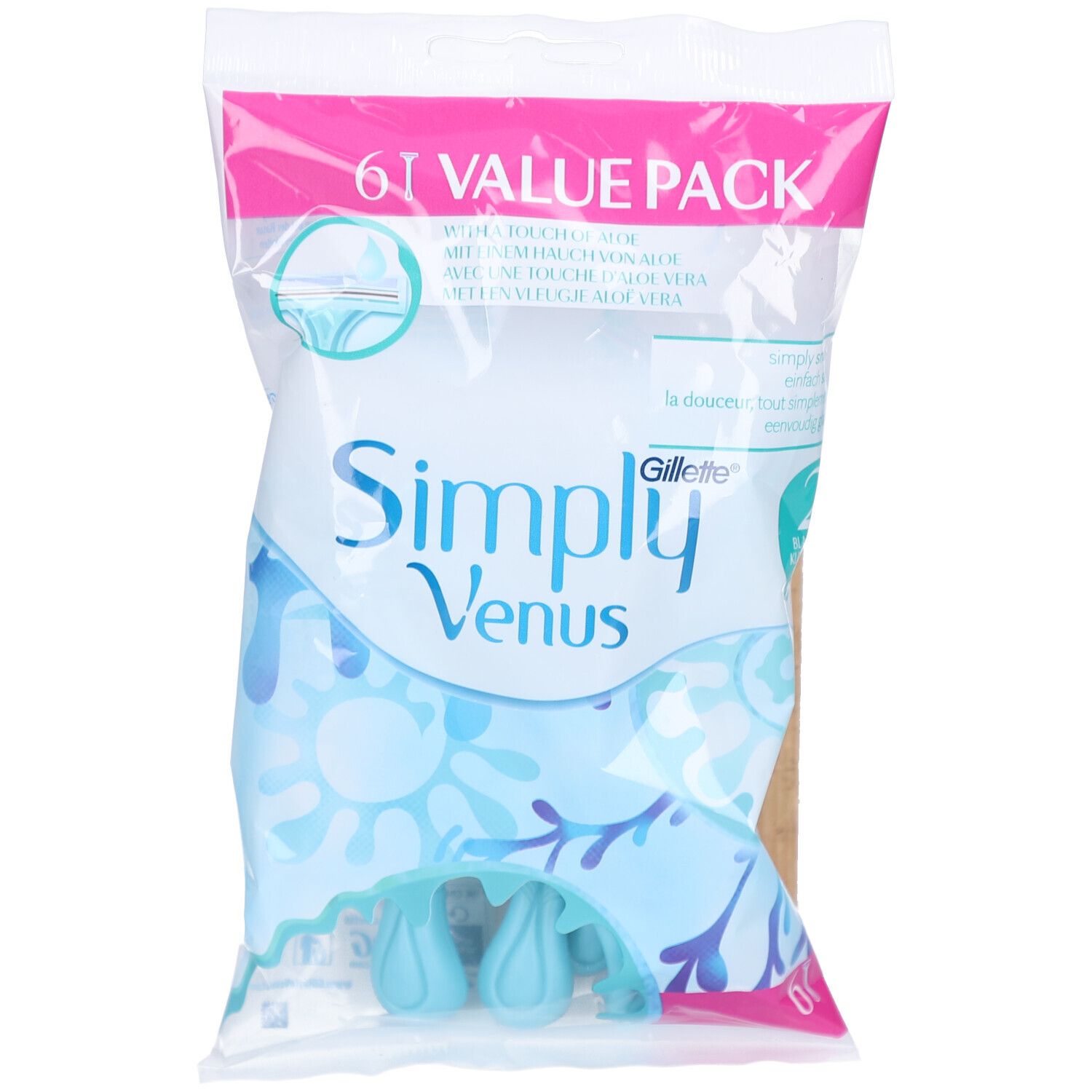 Paquet de rasoirs. Inscription: Simply Venus, Gillette. Pack de 6. Avec aloe vera.