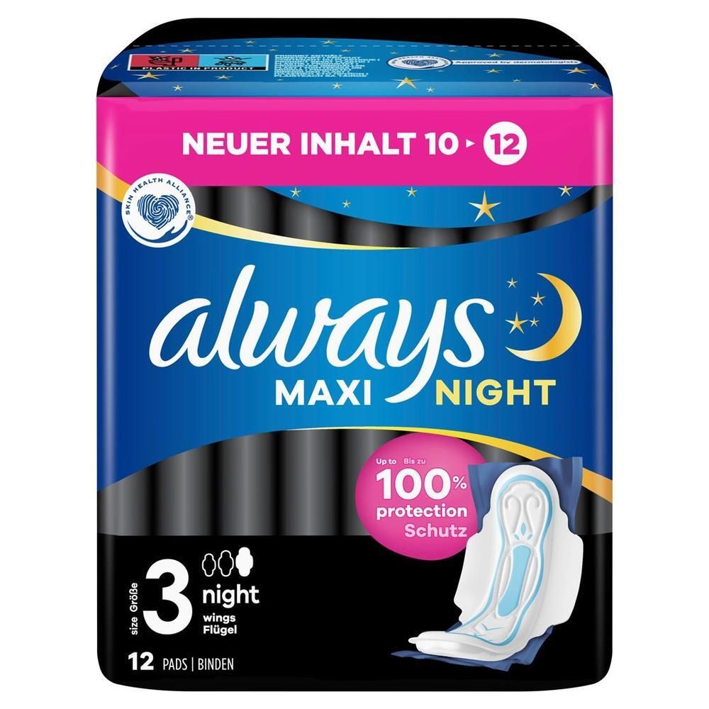 Always Maxi Night Damenbinden mit Flügeln, 12 Stück. Packung zeigt eine Binde mit Flügeln und 100% Schutz.
