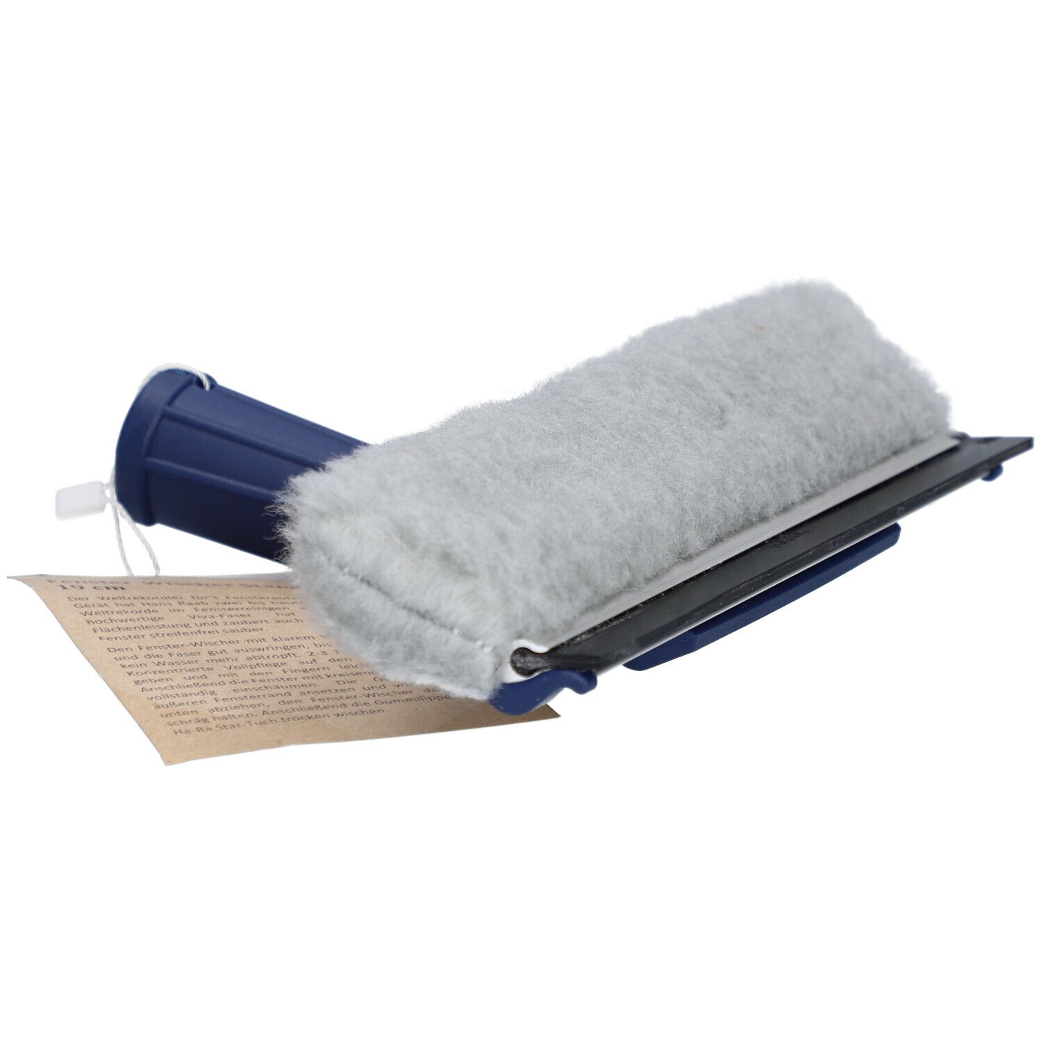 Fensterwischer mit blauem Griff und grauem Wischer. Ein Etikett ist befestigt.