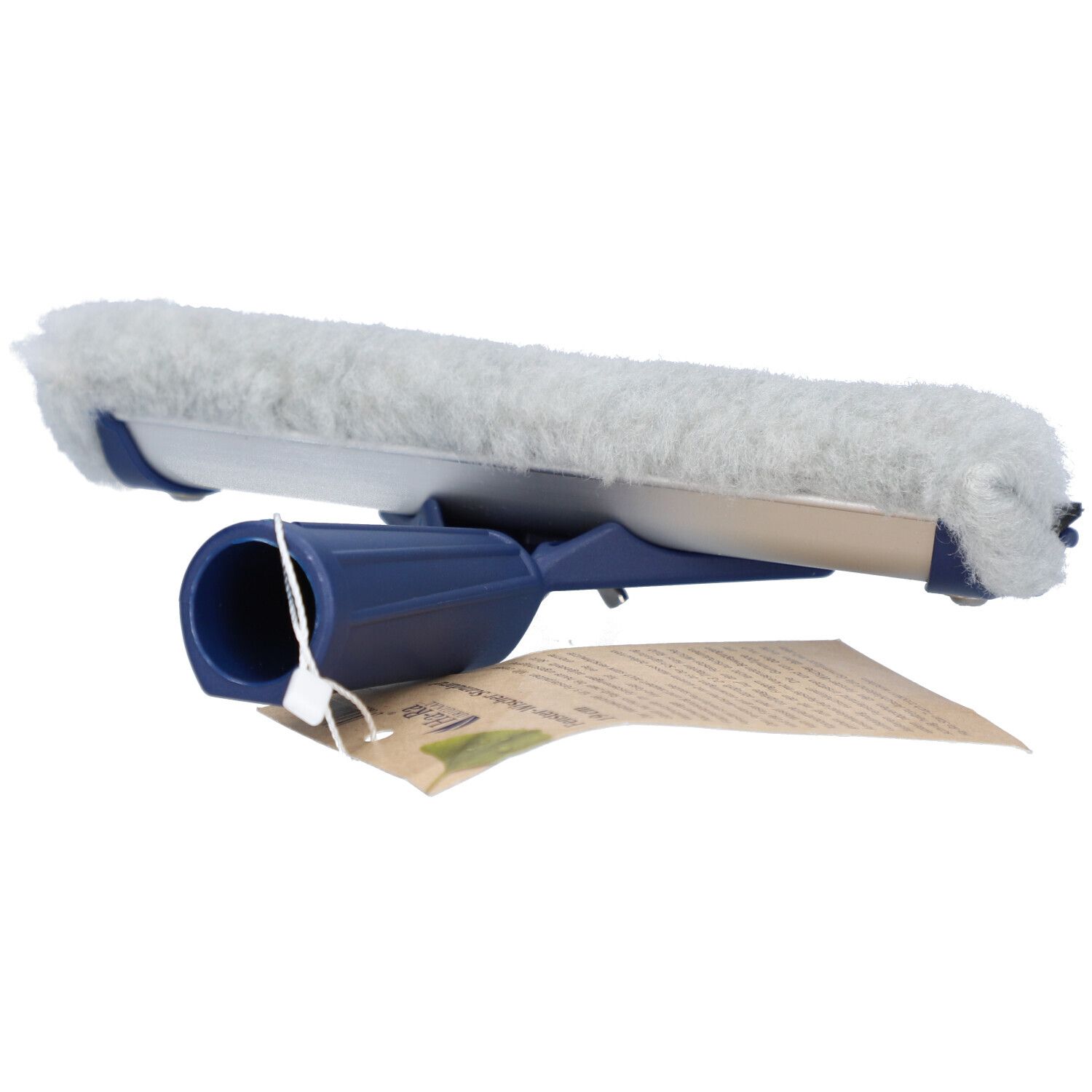 Fensterwischer mit blauem Griff und grauem Wischer. Ein Etikett ist befestigt.