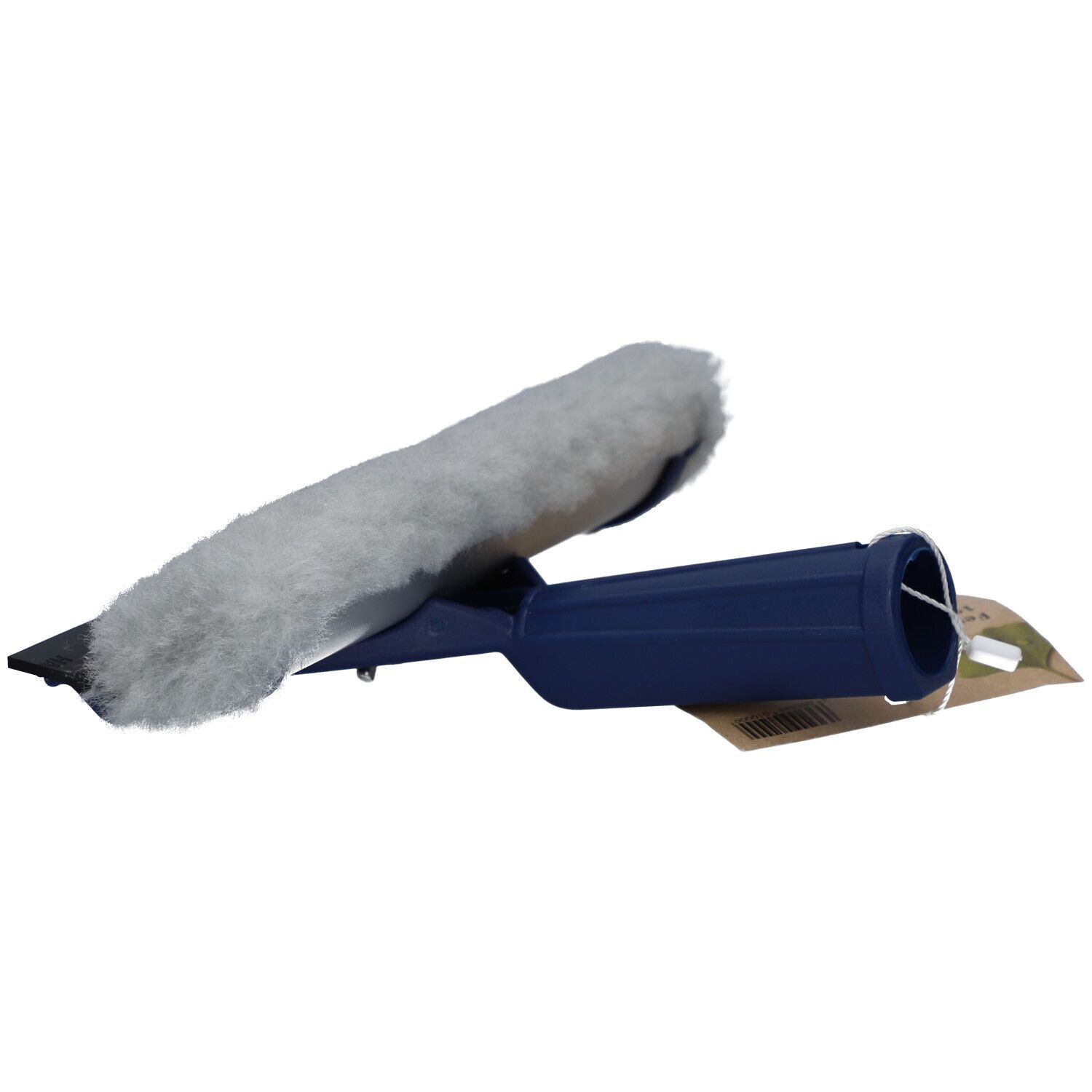 Fensterwischer mit blauem Griff und grauem Wischer. Ein Etikett ist befestigt.