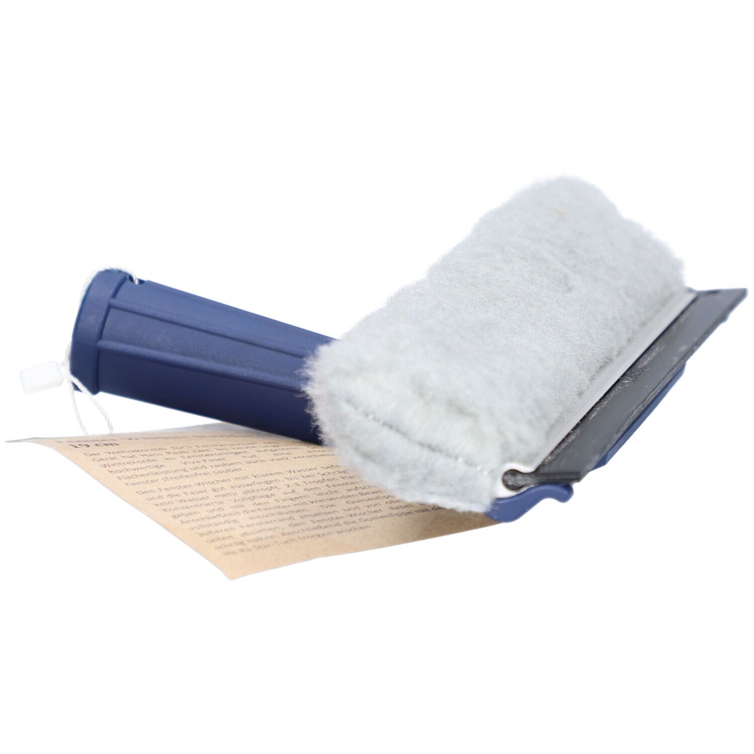 Fensterwischer mit blauem Griff und grauem Wischer. Ein Etikett ist befestigt.