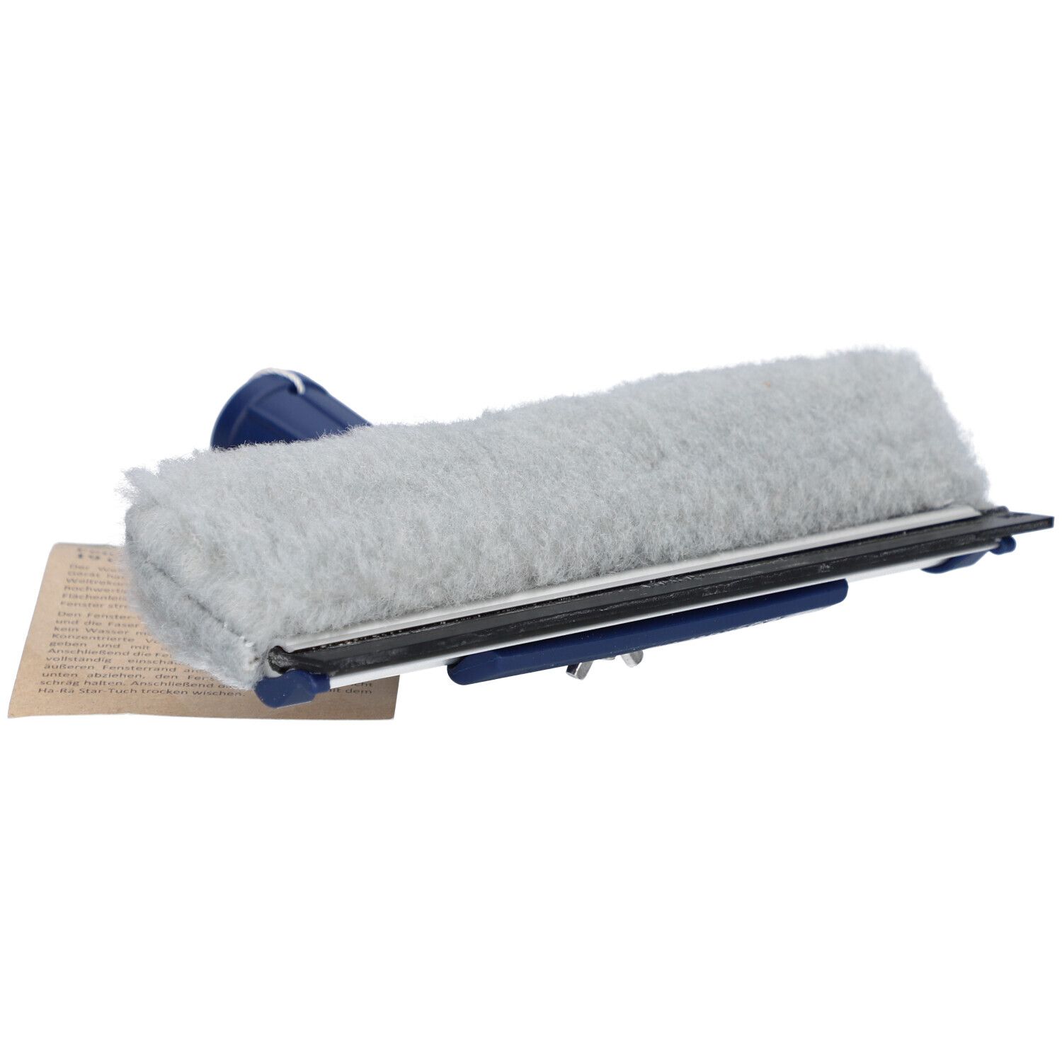 Fensterwischer mit blauem Griff und grauem Wischer. Ein Etikett ist befestigt.