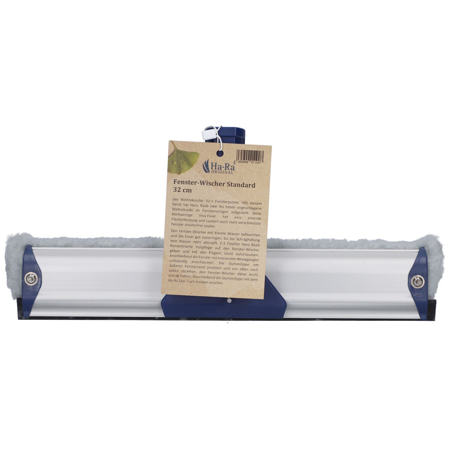 Raclette avec manche bleu et tampon gris. Une étiquette avec des informations sur le produit est attachée.