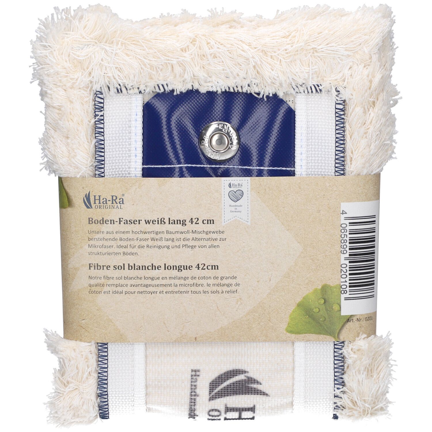 Rechteckige Bodenfaser, weiß, 42 cm lang. Mit blauem Einsatz und Druckknopf. Verpackung mit Produktinformationen.