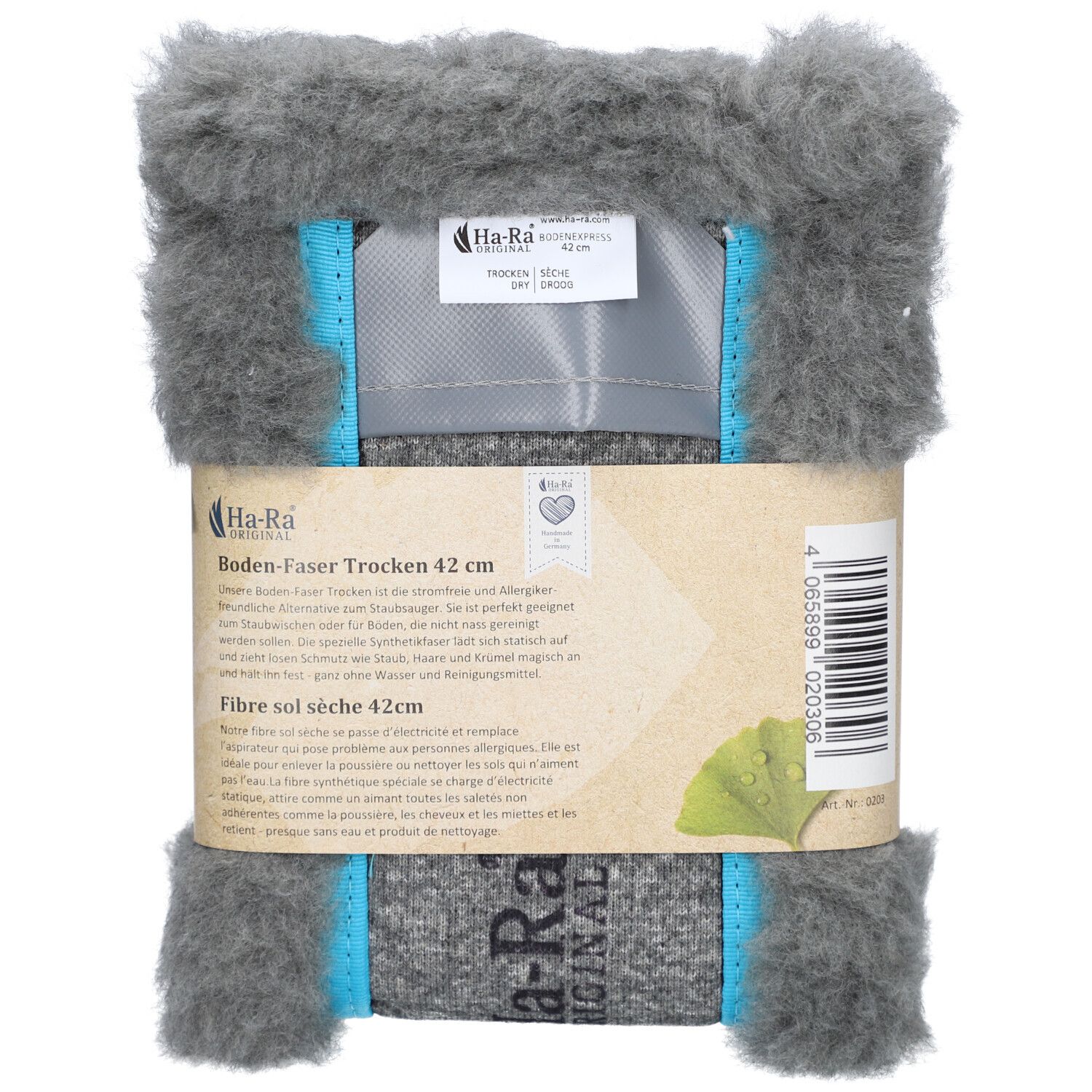Graue HA-RA Boden-Faser 42cm trocken. Rechteckige Form, graues Material mit blauen Akzenten. Produktverpackung mit Etikett.