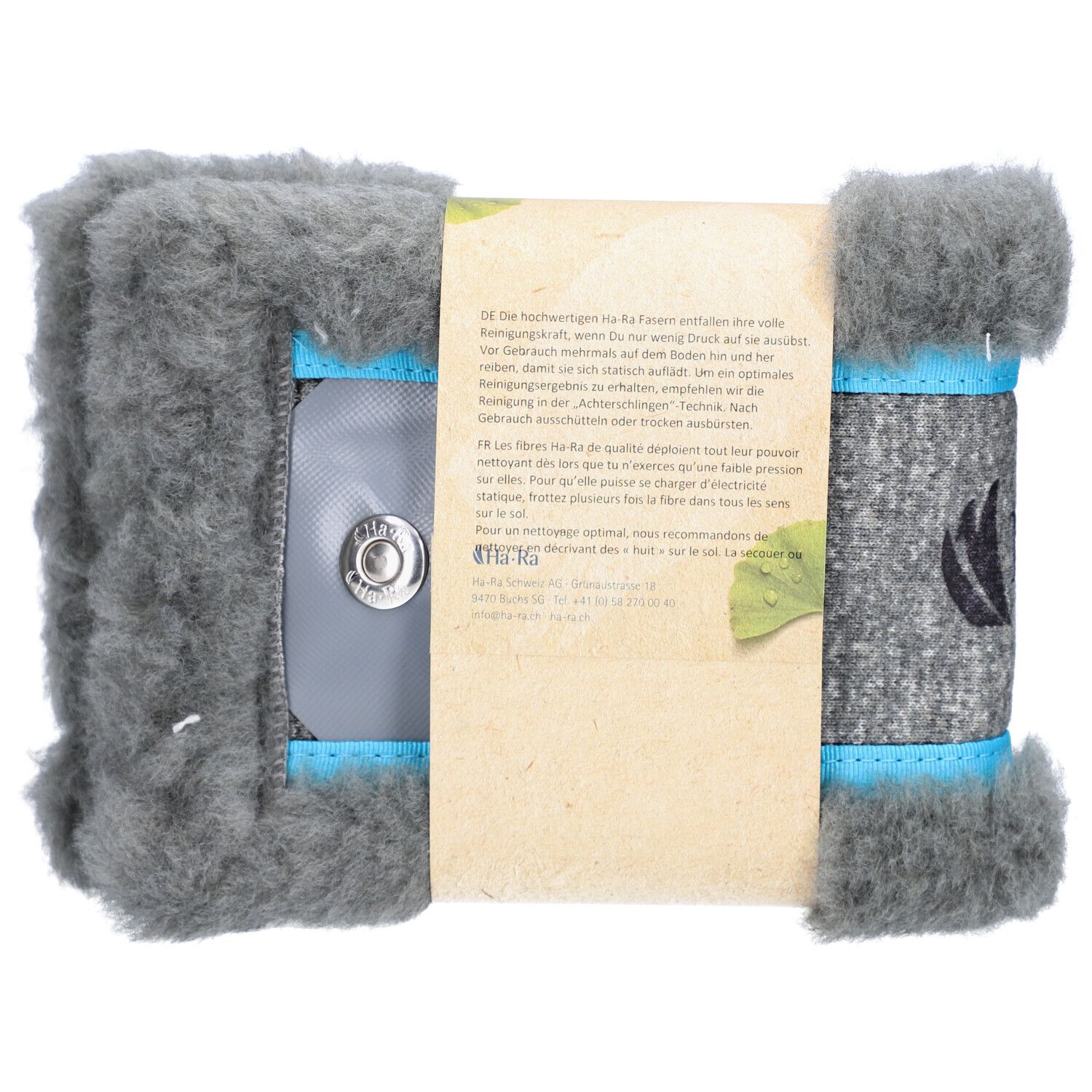 Rückseite der HA-RA Boden-Faser 42cm trocken. Graues Material, Knopfverschluss, Produktverpackung mit Text und Logo.