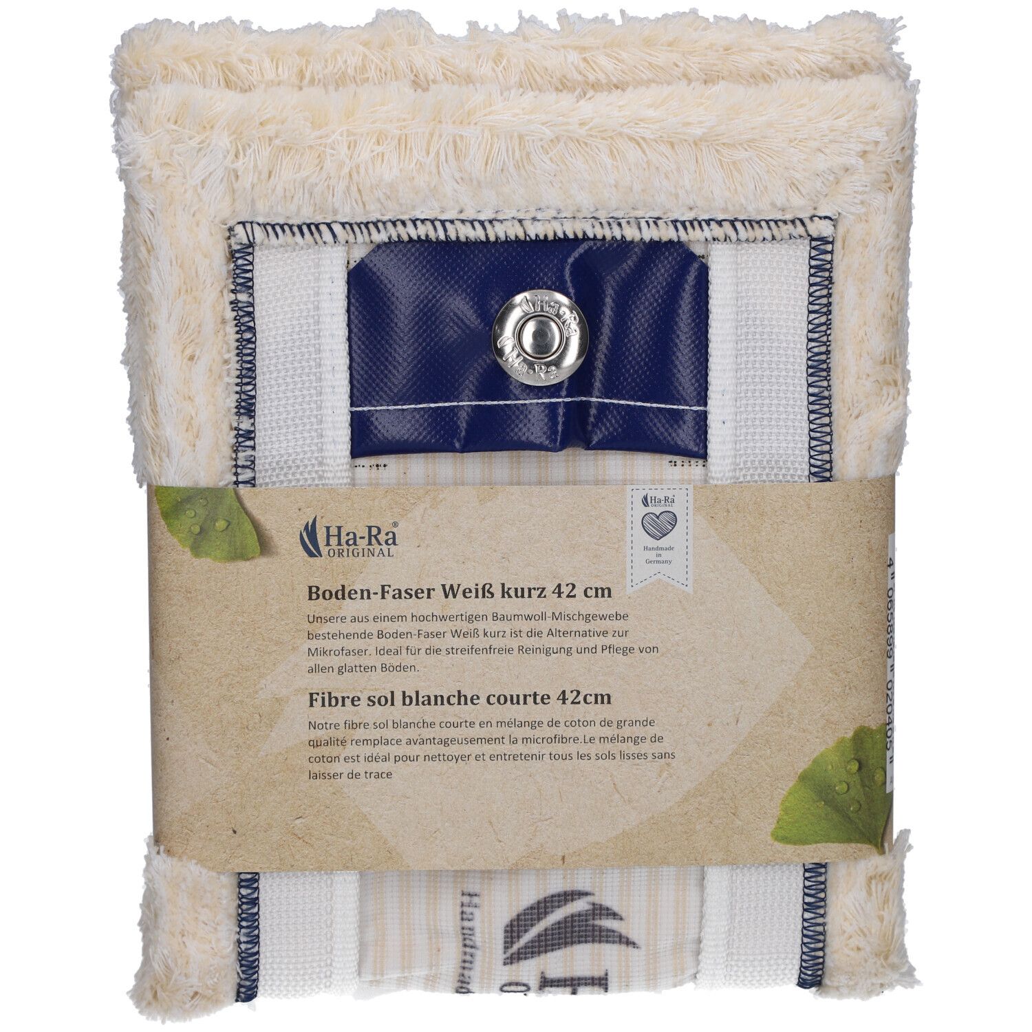 Boden-Faser 42cm, weiß, kurz. Rechteckige Faser mit blauem Verschluss und Druckknopf. Verpackt mit Papierbanderole.