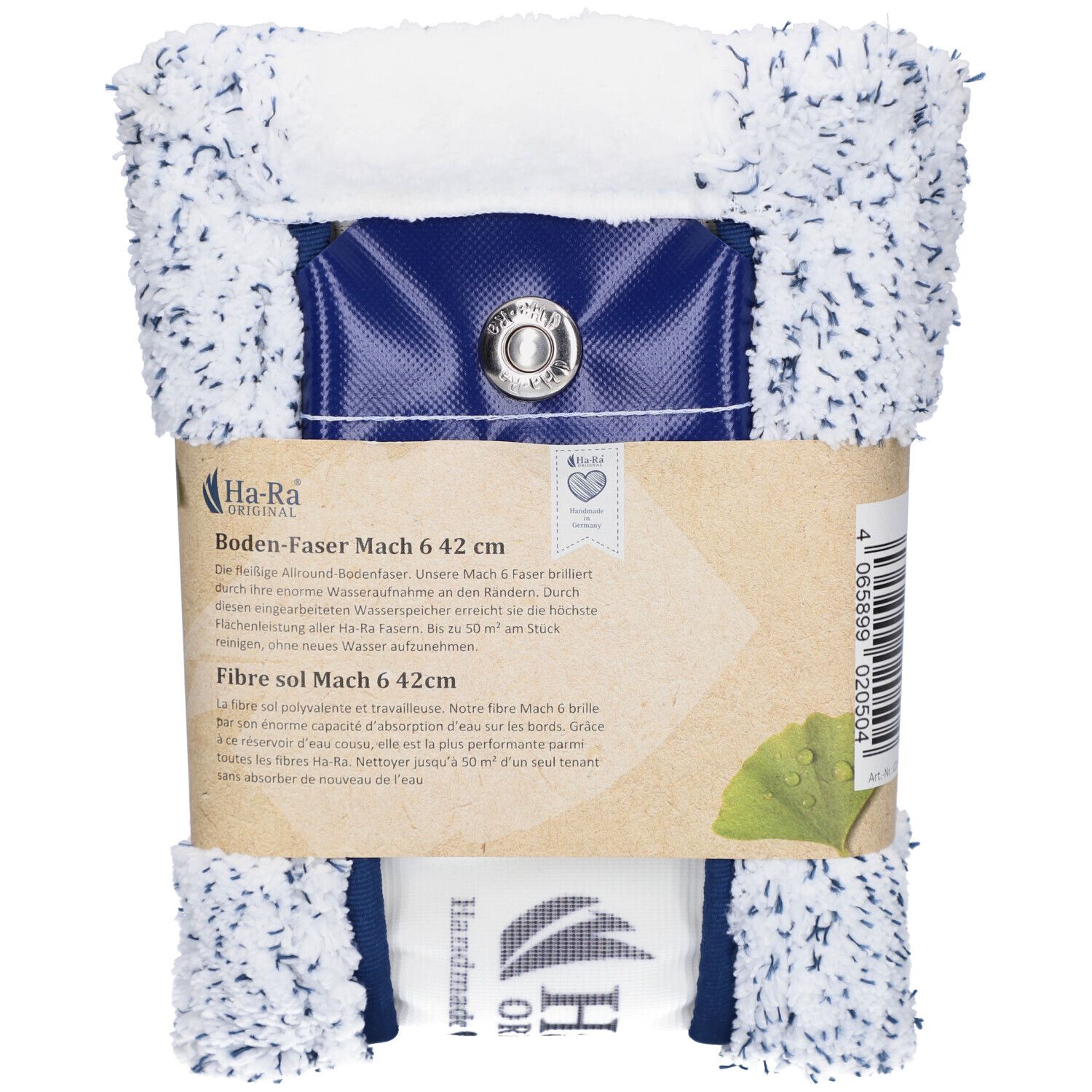 Boden-Faser Mach 6 42cm, blau-weiß. Verpackt mit Produktinformationen. Mit Herz-Logo und "Handmade!"-Label.