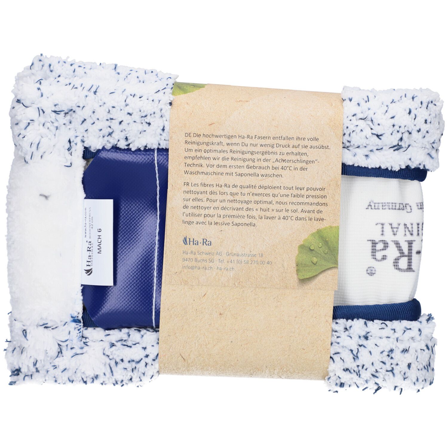 Boden-Faser Mach 6 42cm, blau-weiß. Rückseite der Verpackung mit Text und Ginkgo-Blatt.