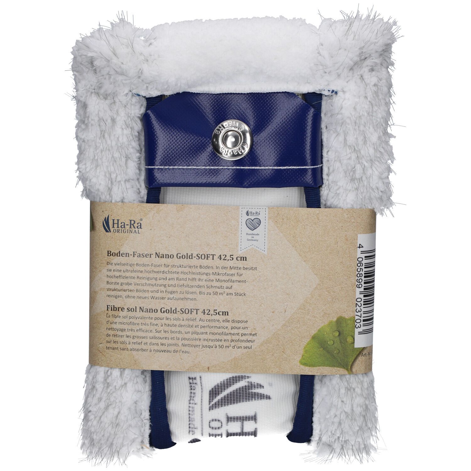 Fibre de sol 42,5 cm, blanc-bleu. Emballage avec informations produit et logo. Label fait main.