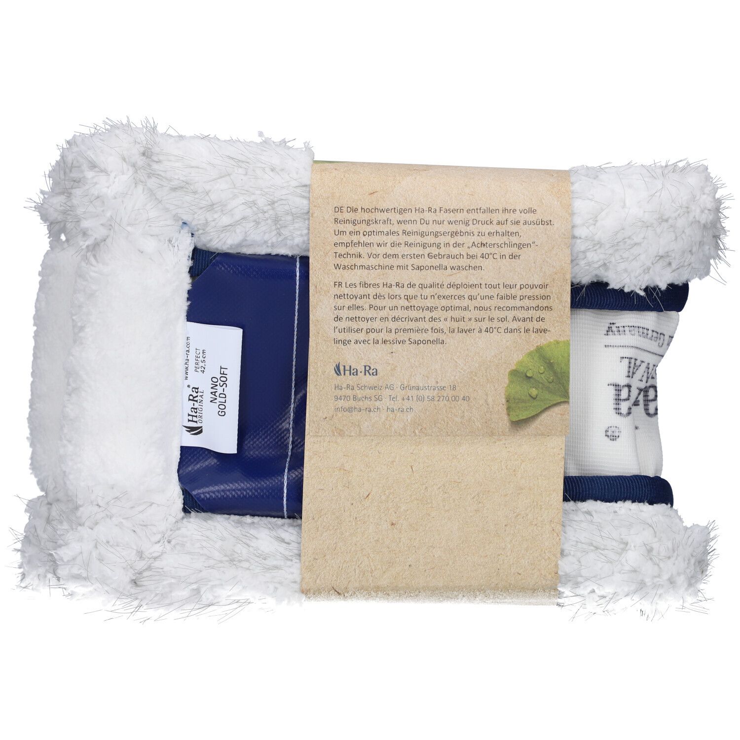 Fibre de sol 42,5 cm, blanc-bleu. Emballage avec informations produit et logo. Label 'Germany'.